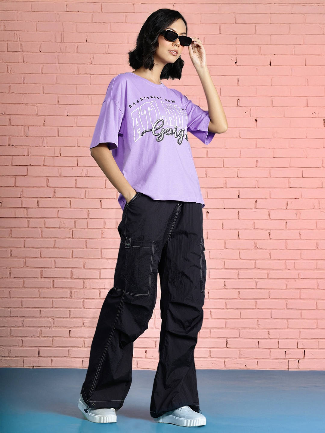 

DressBerry Varsity Print Drop-Shoulder Sleeves Pure Cotton T-shirt, Lavender