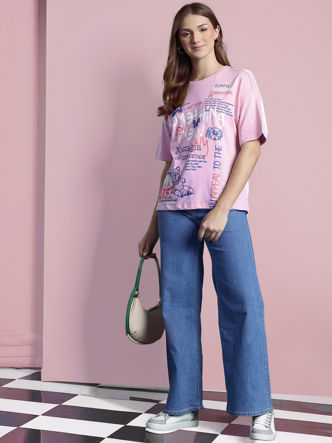 

DressBerry Printed Drop-Shoulder Sleeves Pure Cotton Relaxed T-shirt, Lavender