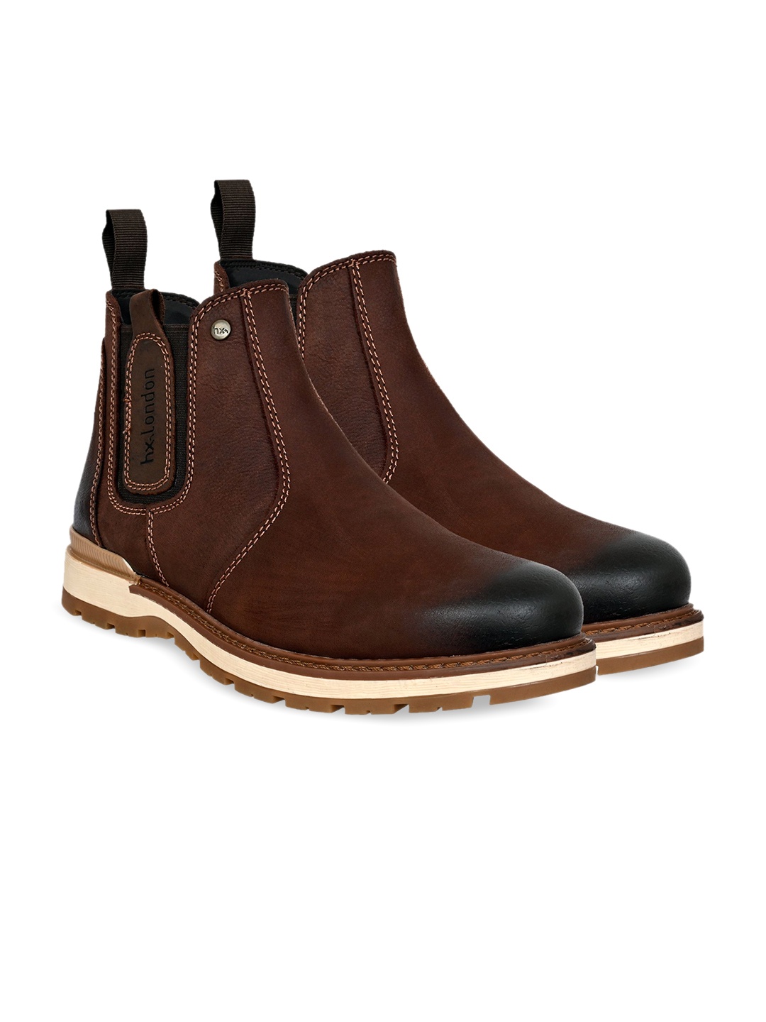 

HX London Men Leather Round Toe Mid Top Chelsea Boots, Brown