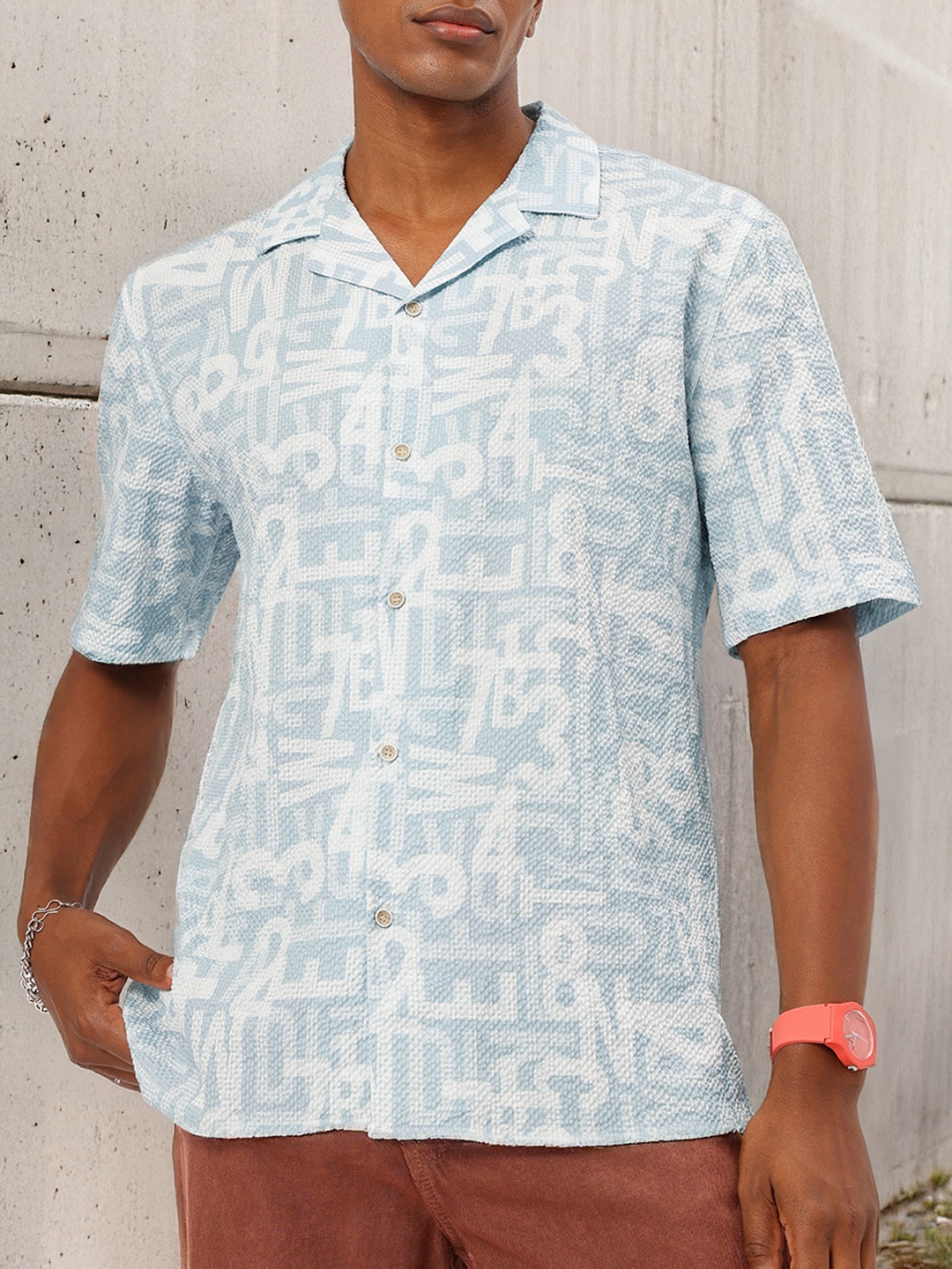Kook N Keech Casual Getaway Typography Print Seersucker Shirt, Blue