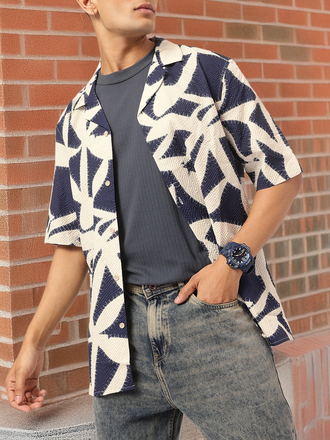 

Kook N Keech Effortlessly Versatile Quirky Printed Textured Relax Shirt, Navy blue