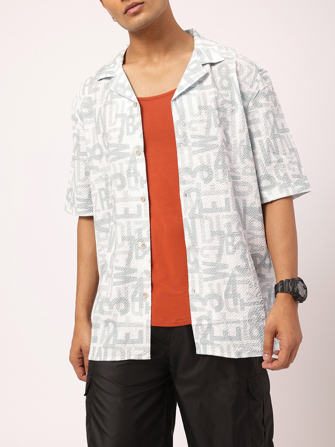 

Kook N Keech Grit & Glam Typo-Printed Textured Relax Shirt, White