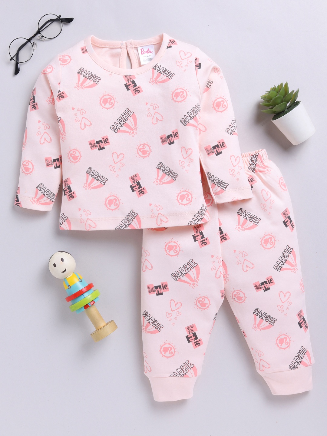 

YK X Tinyo Infants Girls Printed Pure Cotton Top with Trousers, Peach