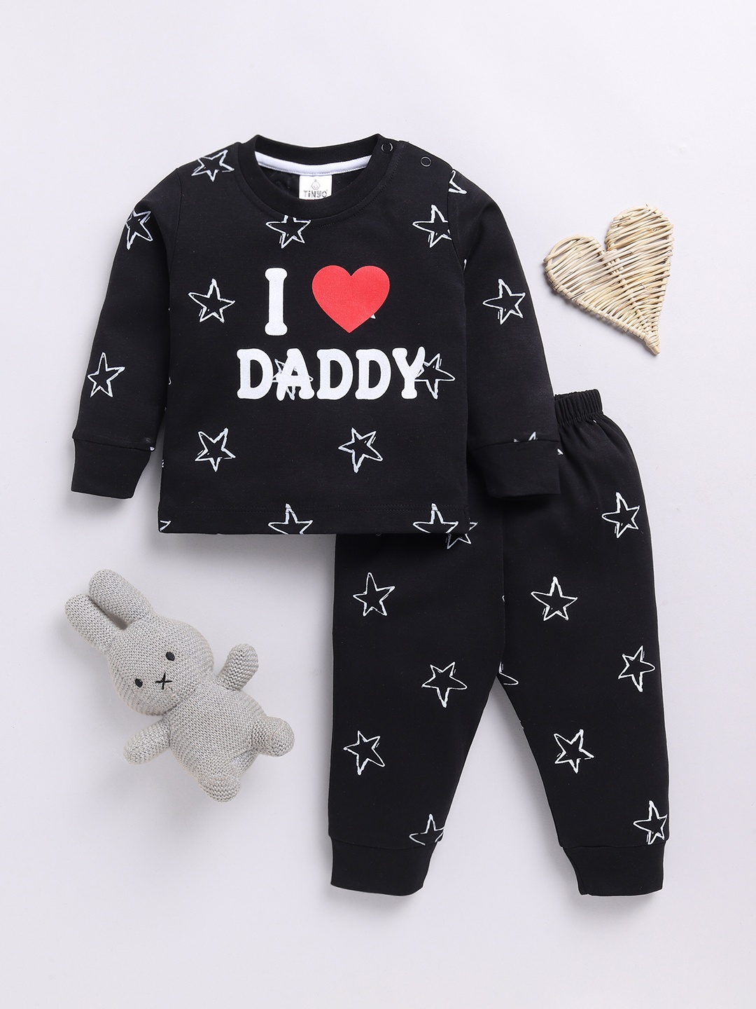 

YK X Tinyo Infant Boys Pure Cotton Typography Printed T-shirt with Joggers, Black