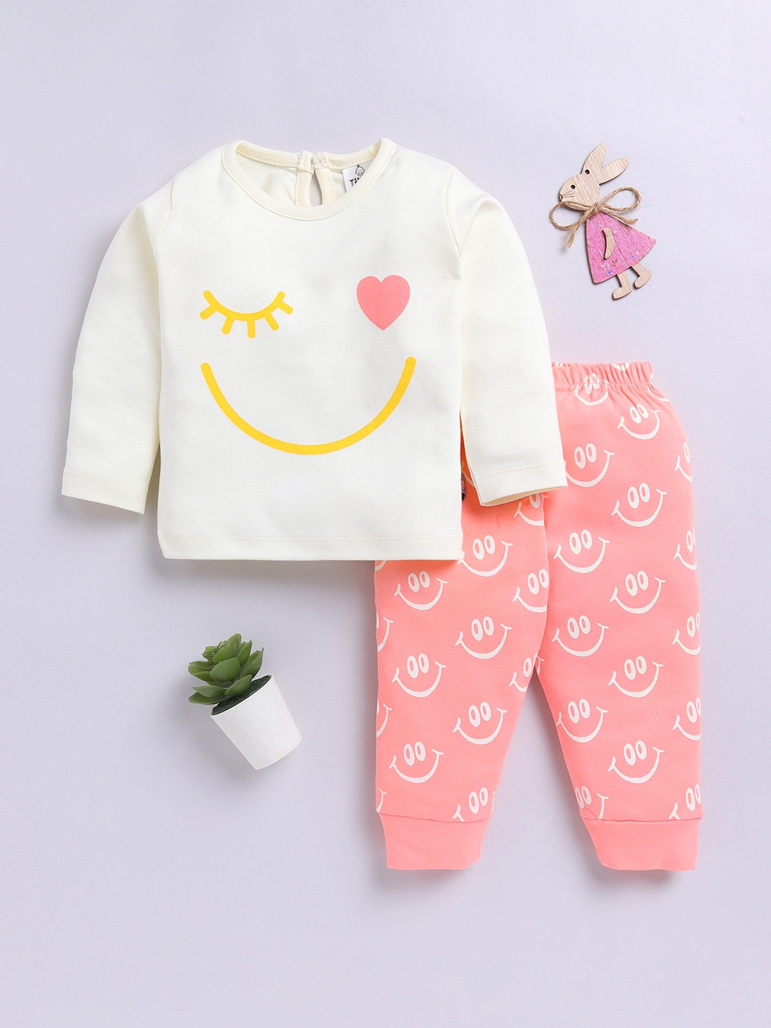 

YK X Tinyo Infant Girls Printed Pure Cotton Top with Joggers, Cream