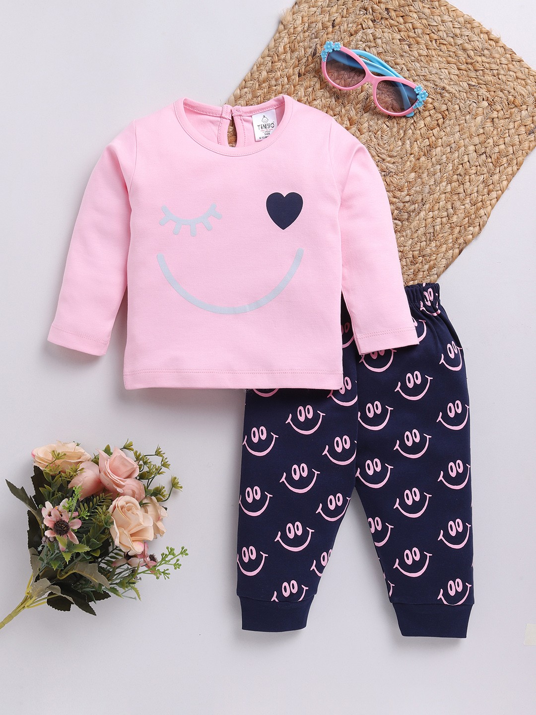 

YK X Tinyo Infants Girls Printed Pure Cotton Top with Trousers, Pink