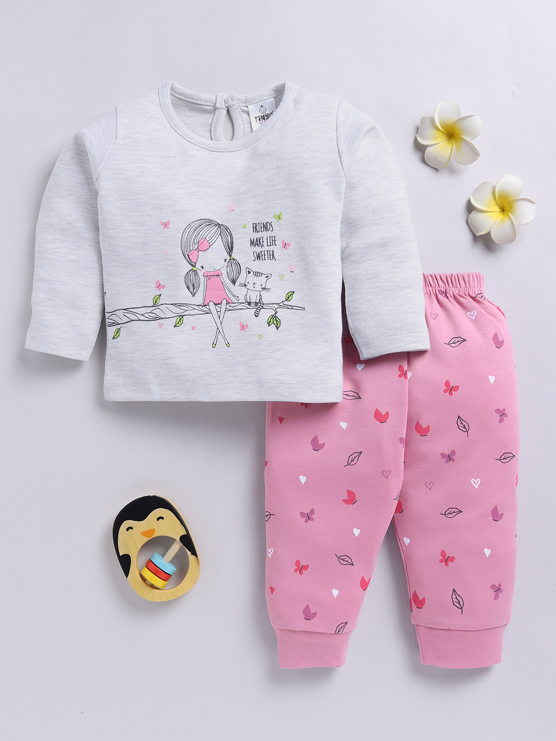 

YK X Tinyo Infant Girls Printed Pure Cotton Top with Joggers, Grey melange