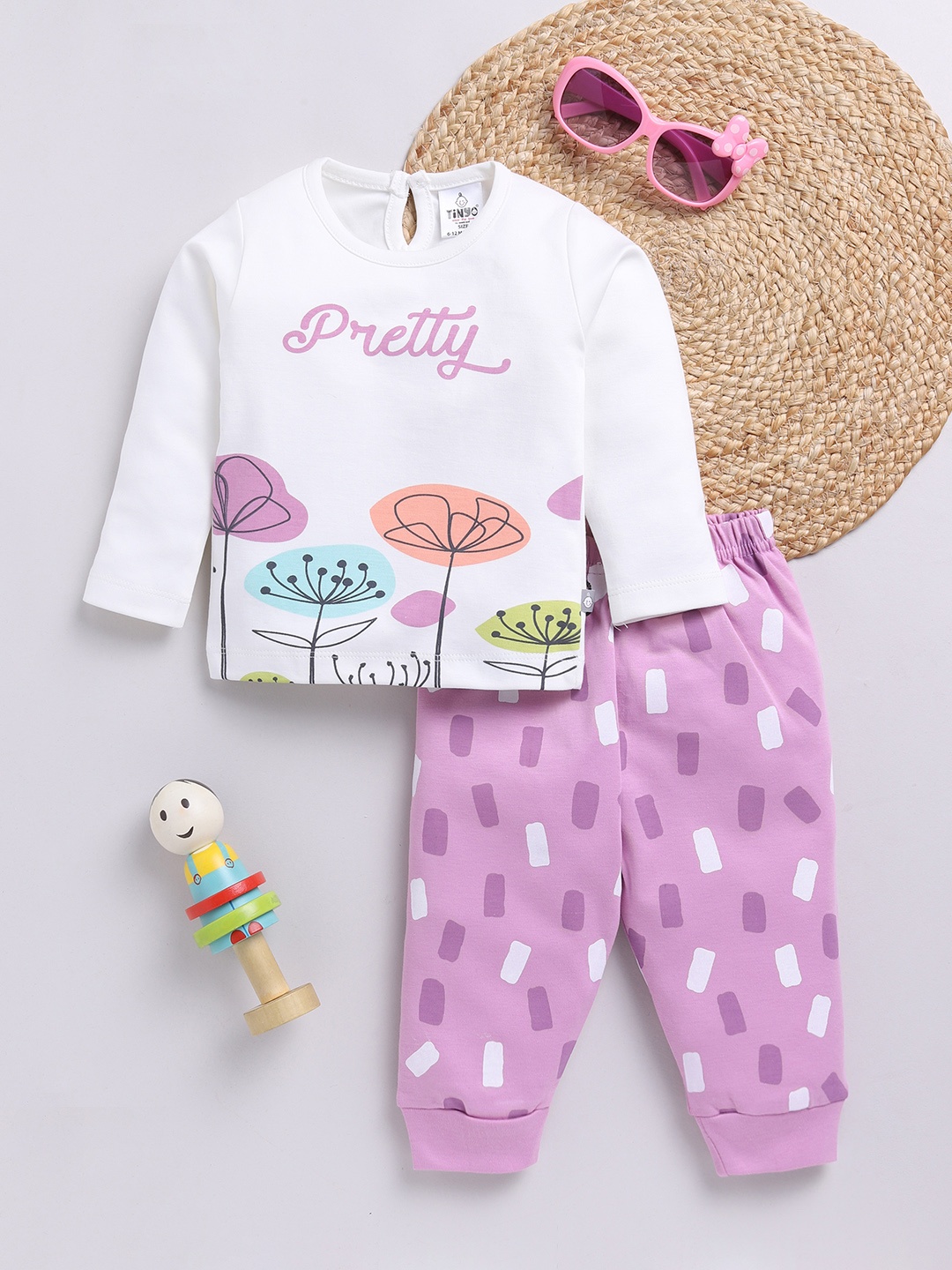 

YK X Tinyo Infant Girls Printed Pure Cotton Top with Trouser, Off white