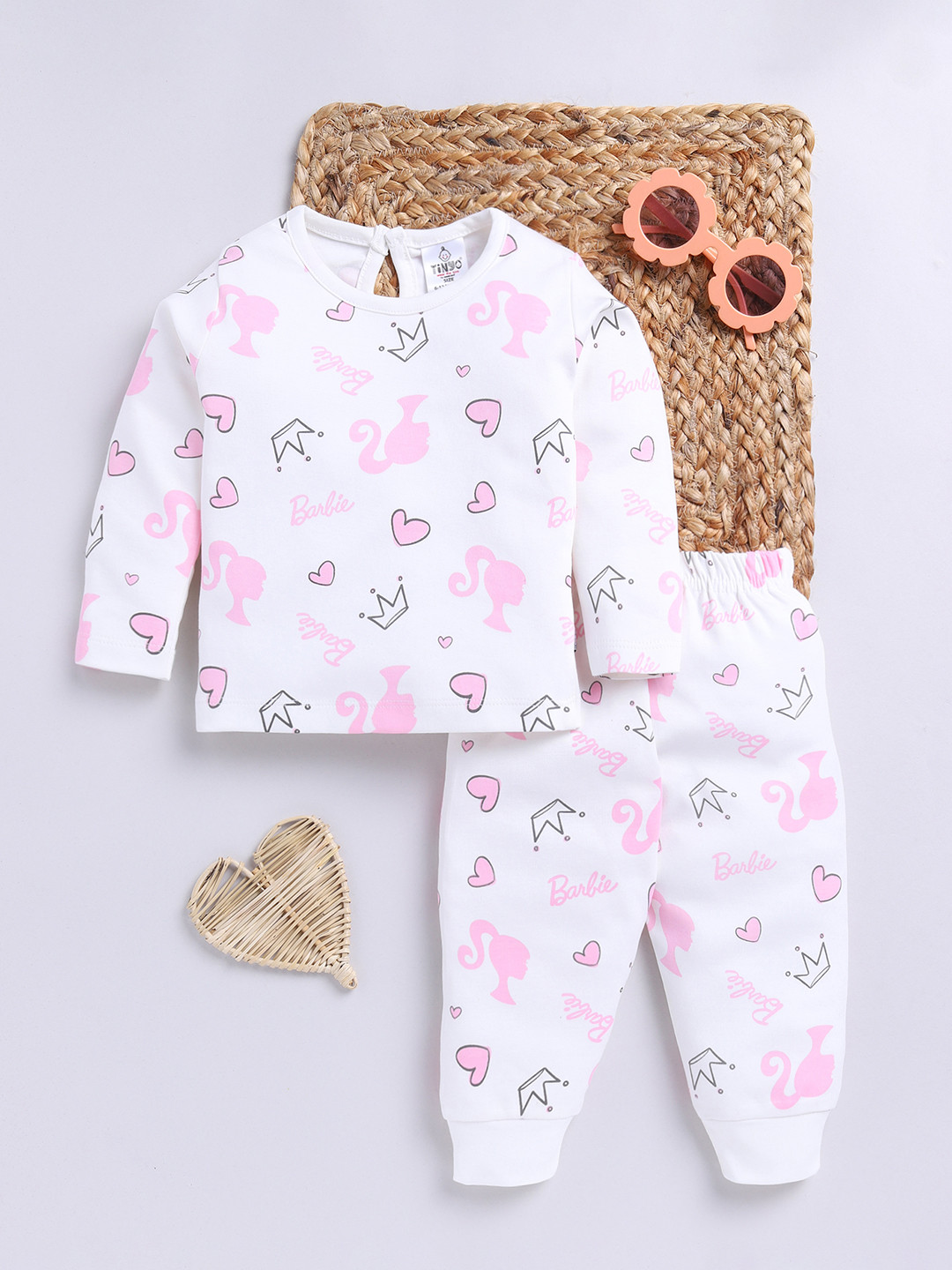

YK X Tinyo Infant Girls Pure Cotton Barbie Printed Top with Joggers, White