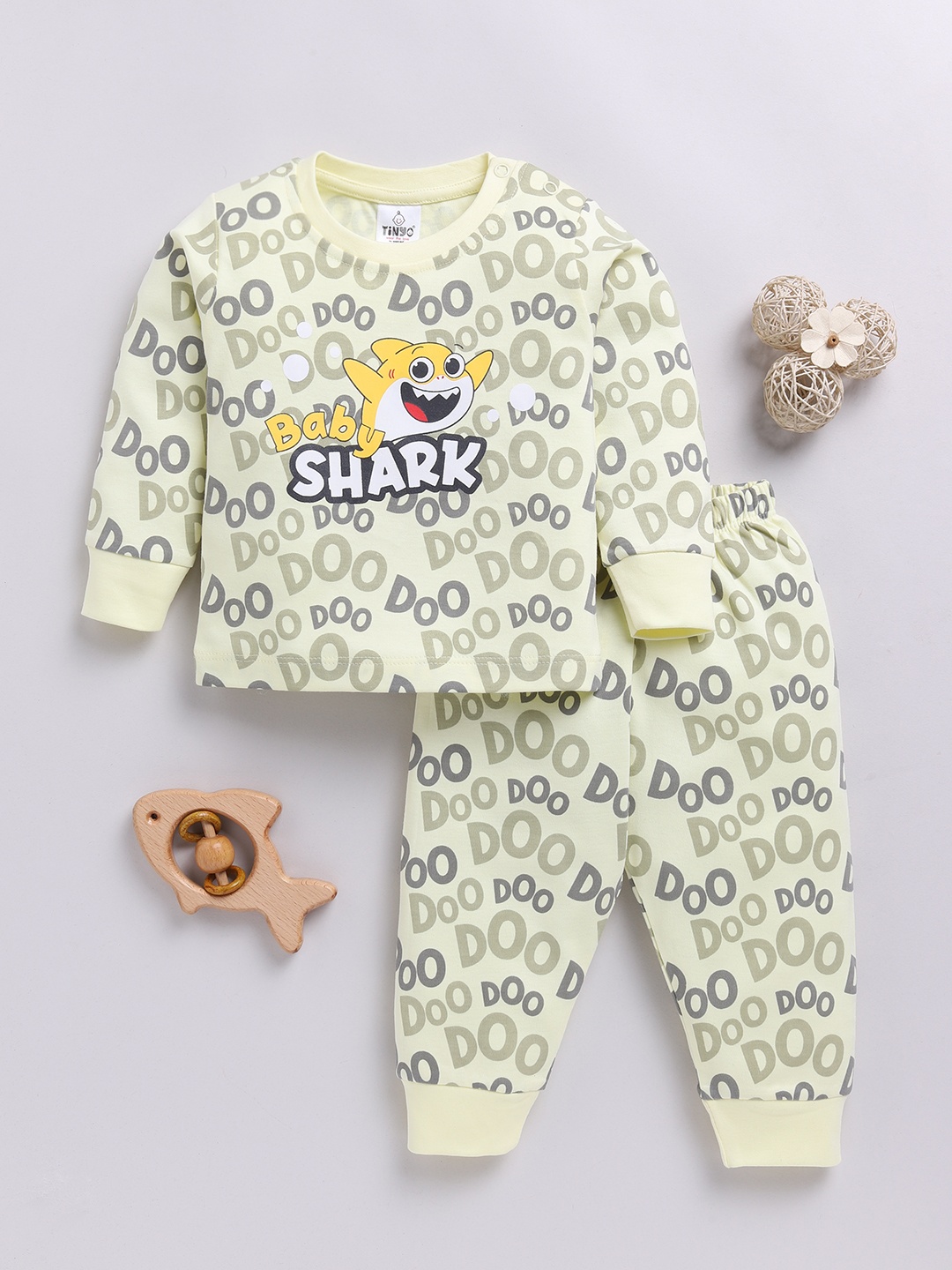 

YK X Tinyo Infant Boys Baby Shark Printed Pure Cotton T-Shirt with Joggers, Yellow