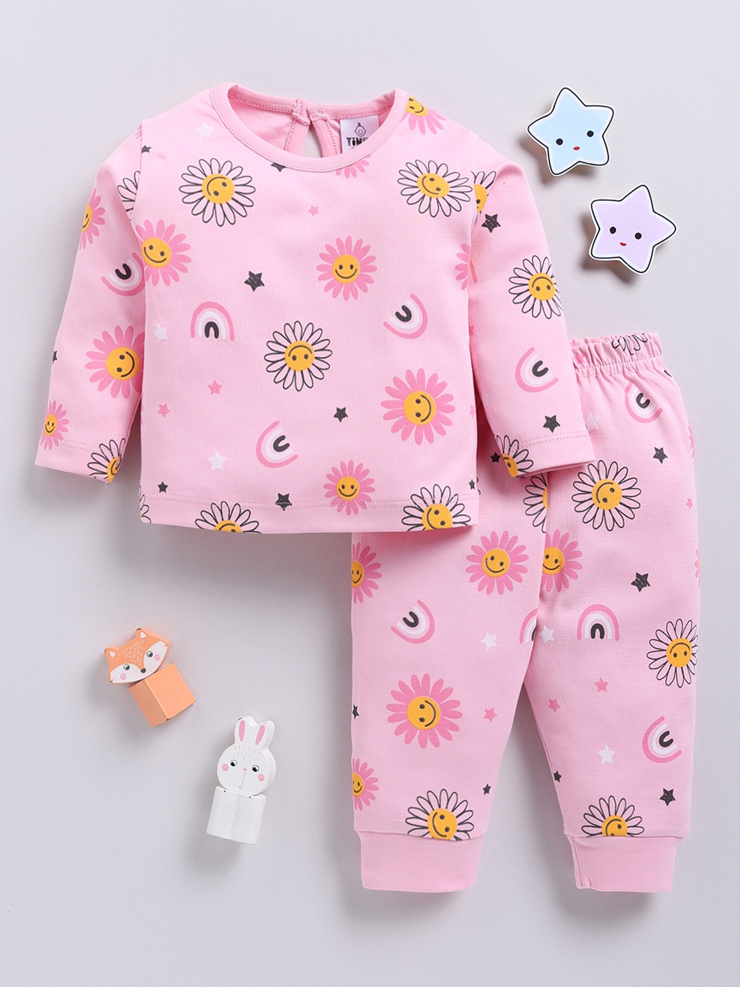 

YK X Tinyo Infant Girls Pure Cotton Printed Top with Joggers, Pink