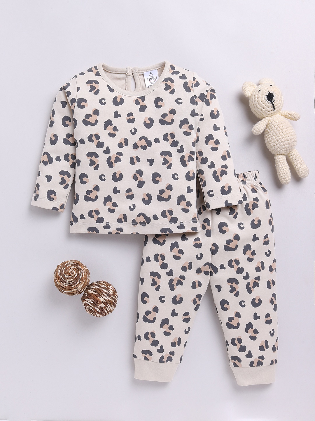 

YK X Tinyo Infant Girls Animal Printed Printed Pure Cotton T-Shirt with Joggers, Beige