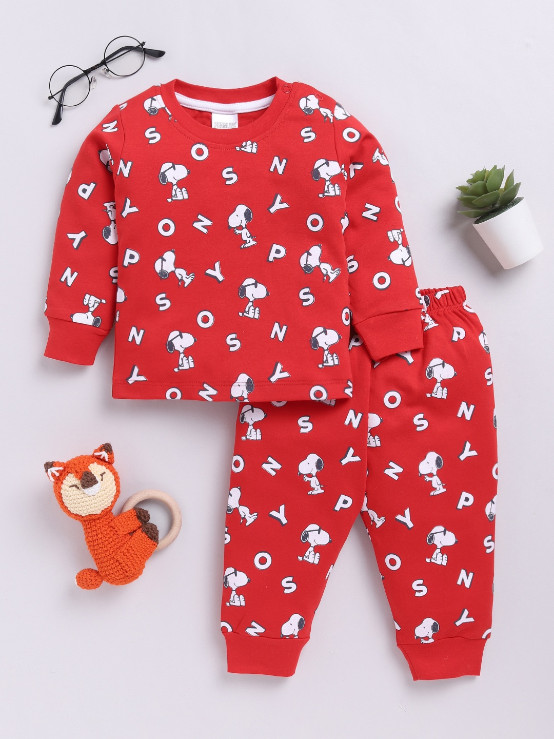 

YK X Tinyo Infant Boys Pure Cotton Printed T-shirt with Joggers, Red
