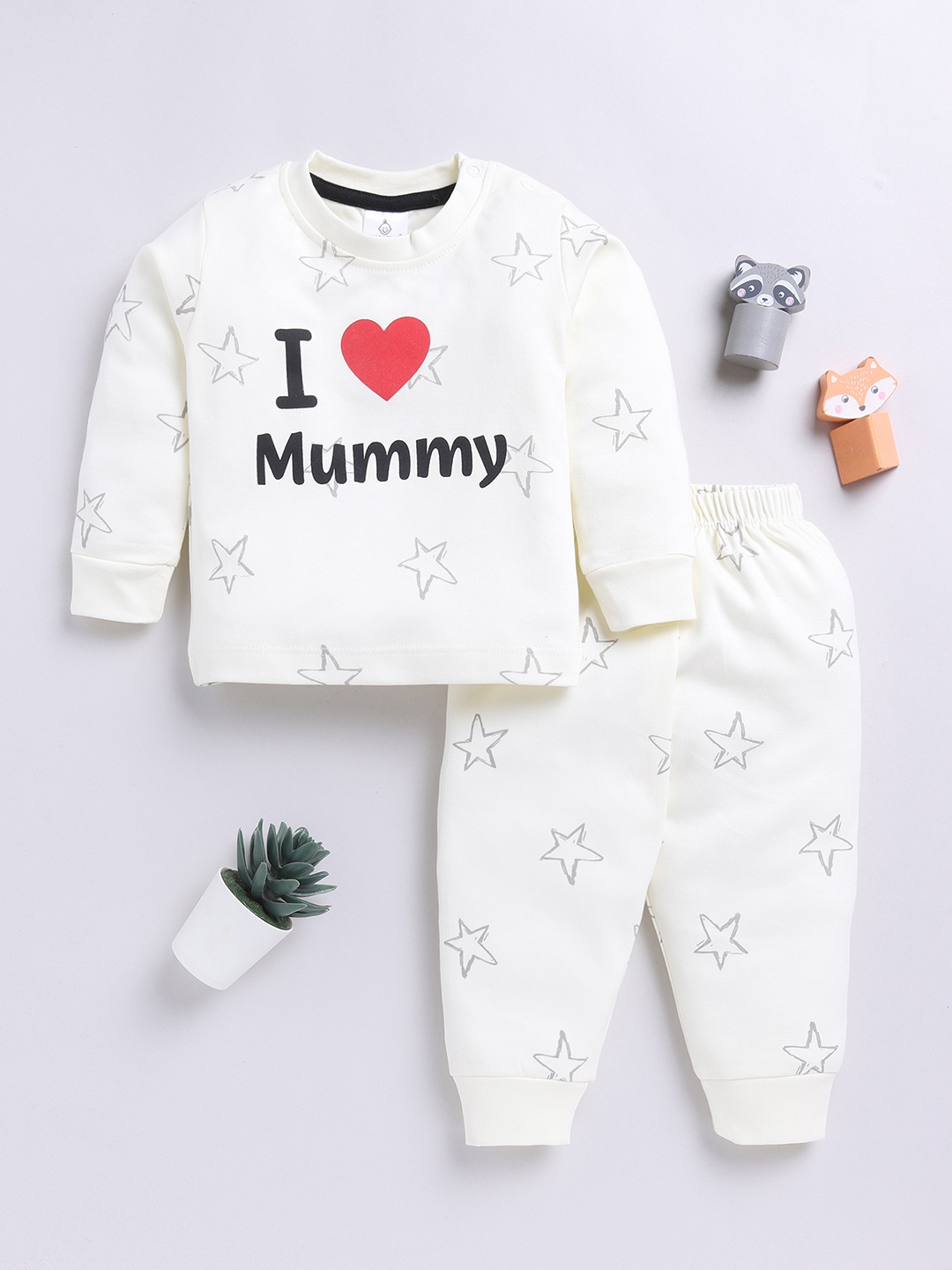 

YK X Tinyo Infant Boys Typography Printed Pure Cotton T-Shirt with Joggers, Off white