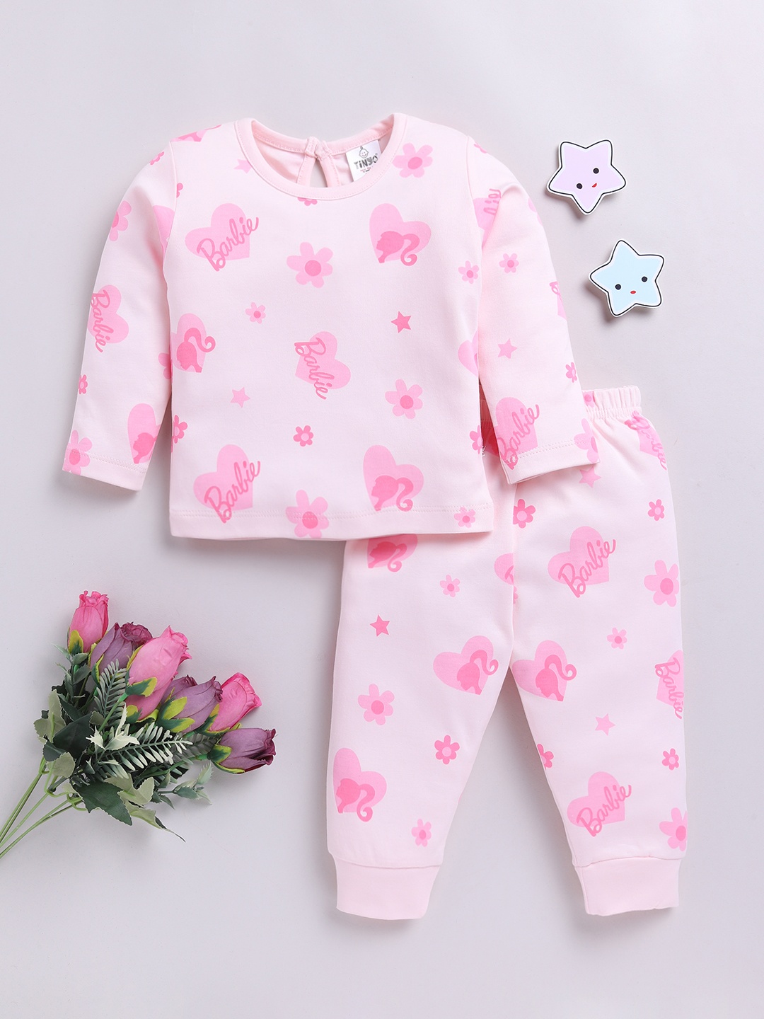 

YK X Tinyo Infants Girls Printed Pure Cotton Top with Trousers, Pink