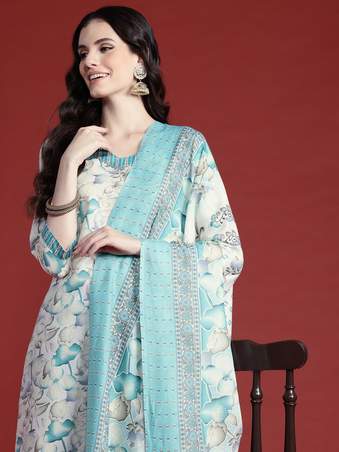 

Tikhi Imli Floral Printed Regular Kurta with Trousers & With Dupatta, White