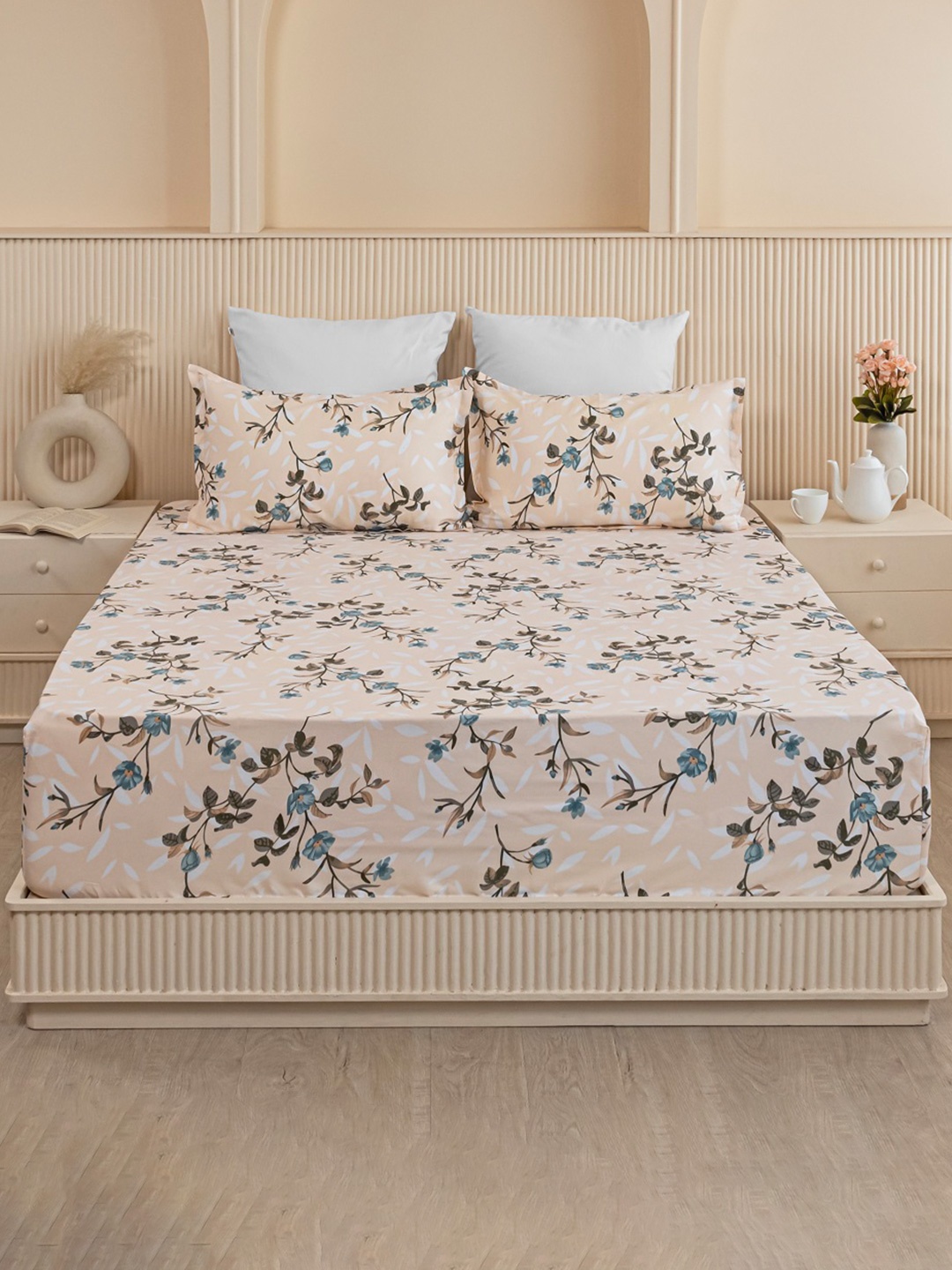 

HOMEMONDE Peach & Green Printed Cotton 210 TC Fitted Single Bedsheet With 1 Pillow Cover