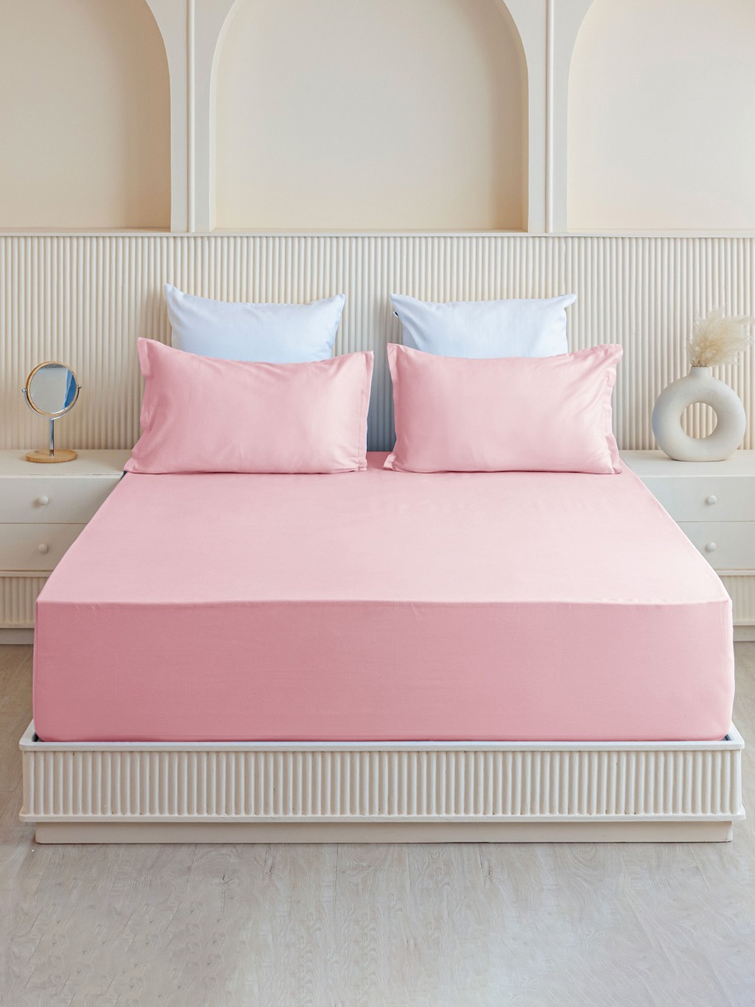 

HOMEMONDE Pink 210 TC Cotton Single Fitted Bedsheet With 1 Pillow Cover