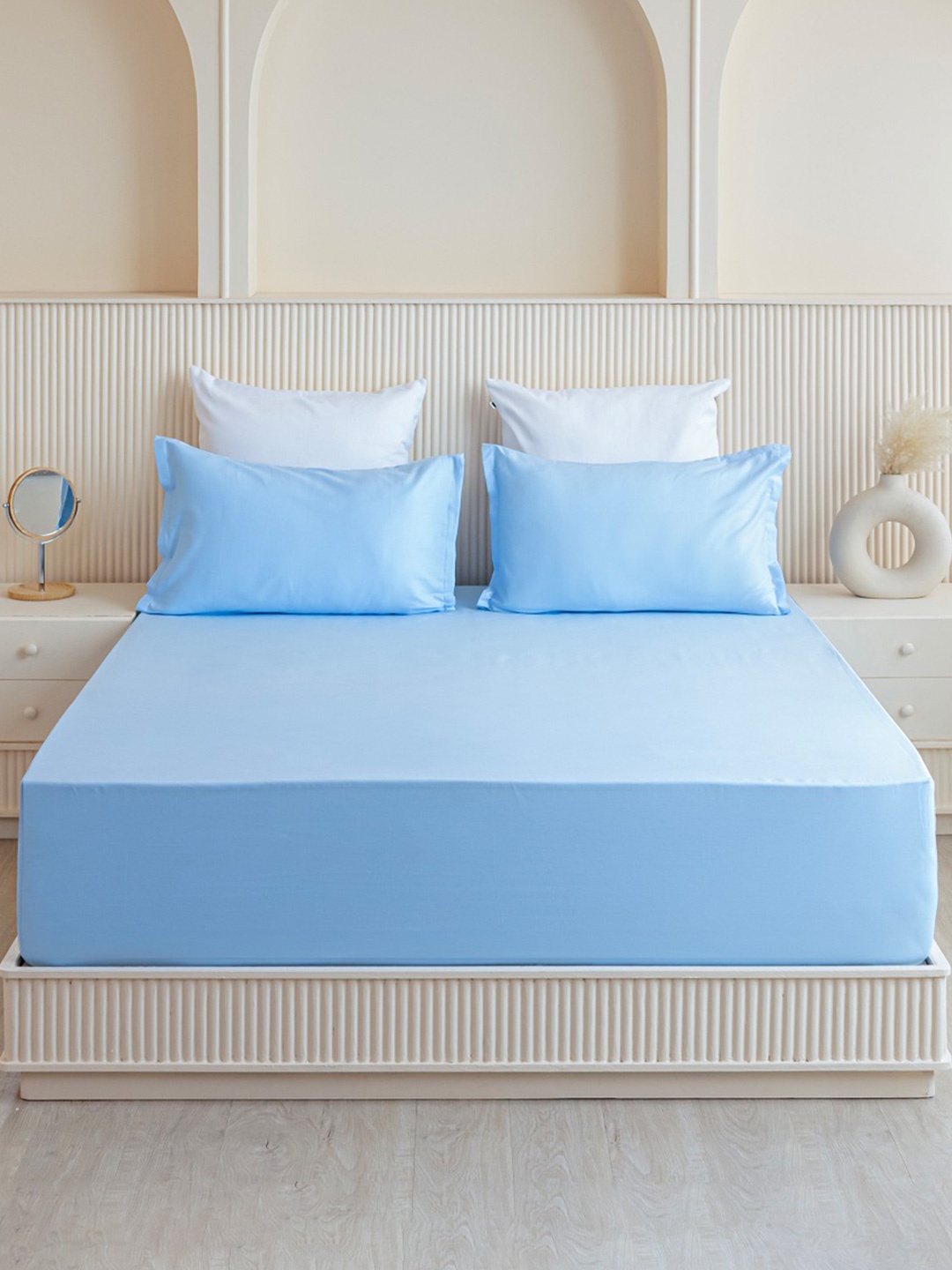 

HOMEMONDE Blue Pure Cotton 210 TC Fitted Single Bedsheet With 1 Pillow Cover