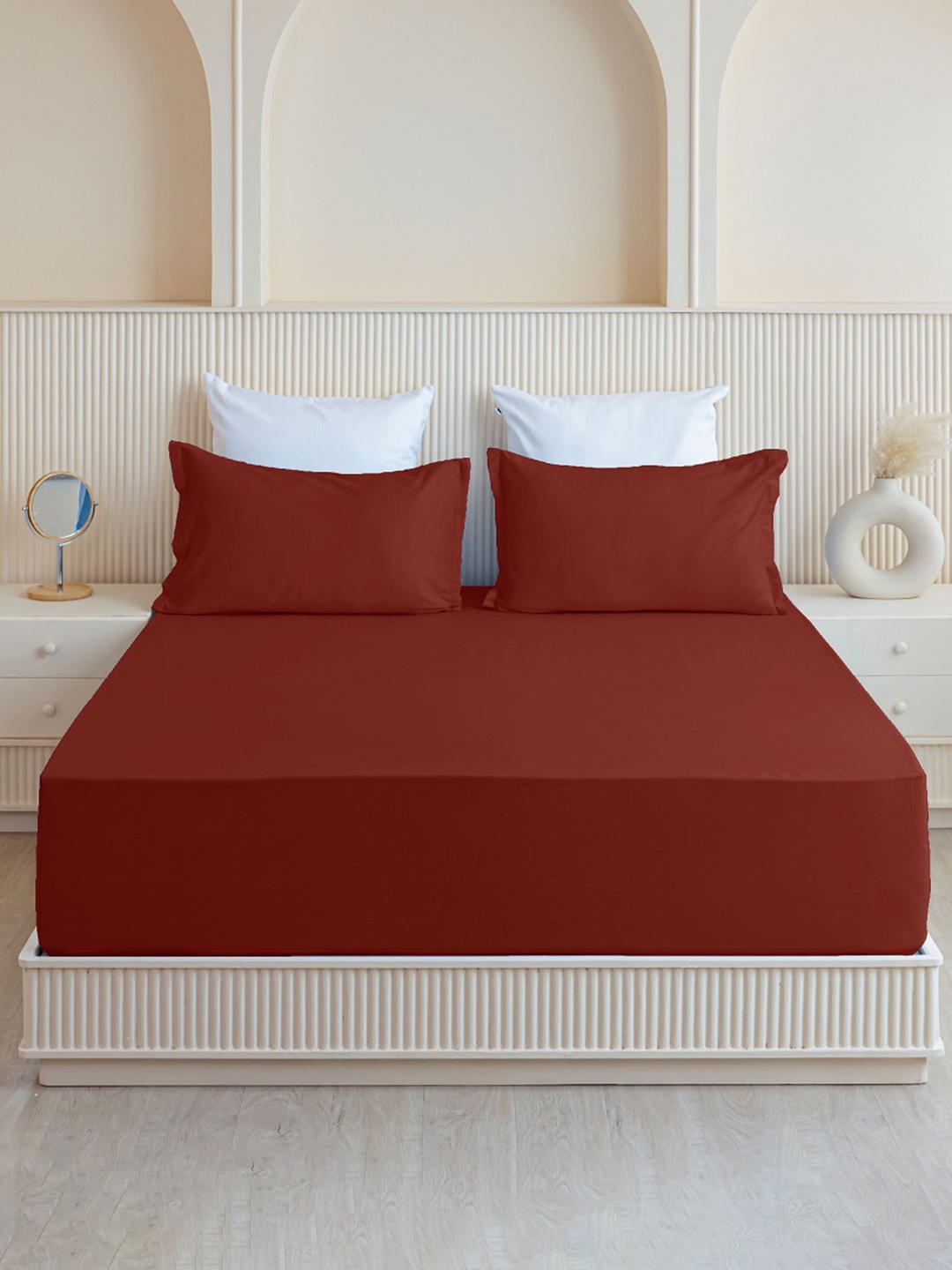 

HOMEMONDE Maroon Pure Cotton 210 TC Fitted Single Bedsheet With 1 Pillow Cover