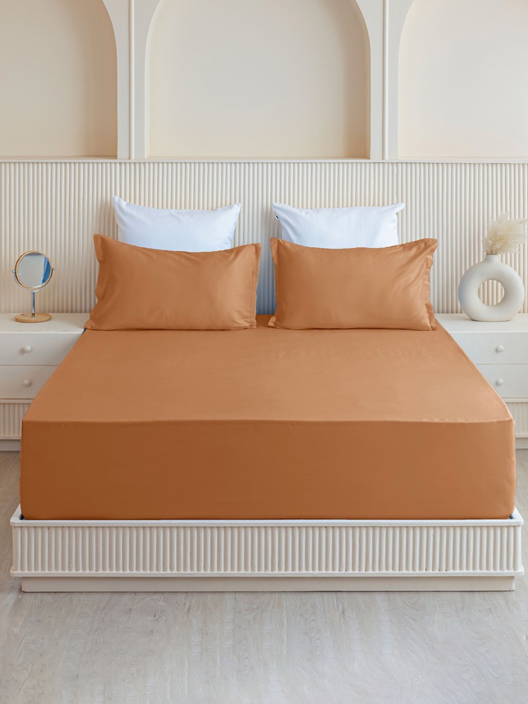 

HOMEMONDE Taupe Cotton Fitted 210 TC Single Bedsheet with Pillow Cover