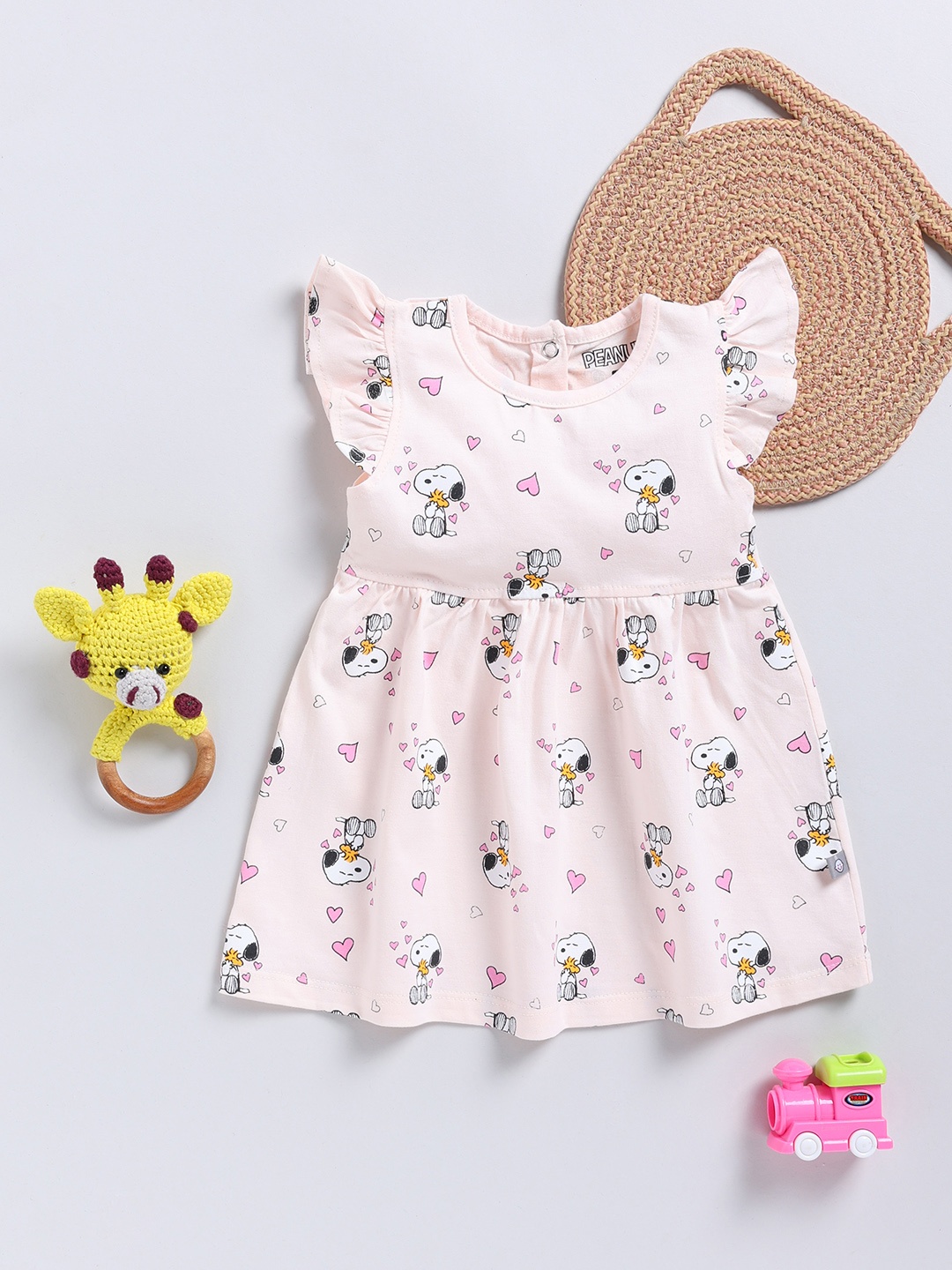 

YK X Tinyo Infant Girls Snoopy Printed Pure Cotton Fit & Flare Dress, Pink