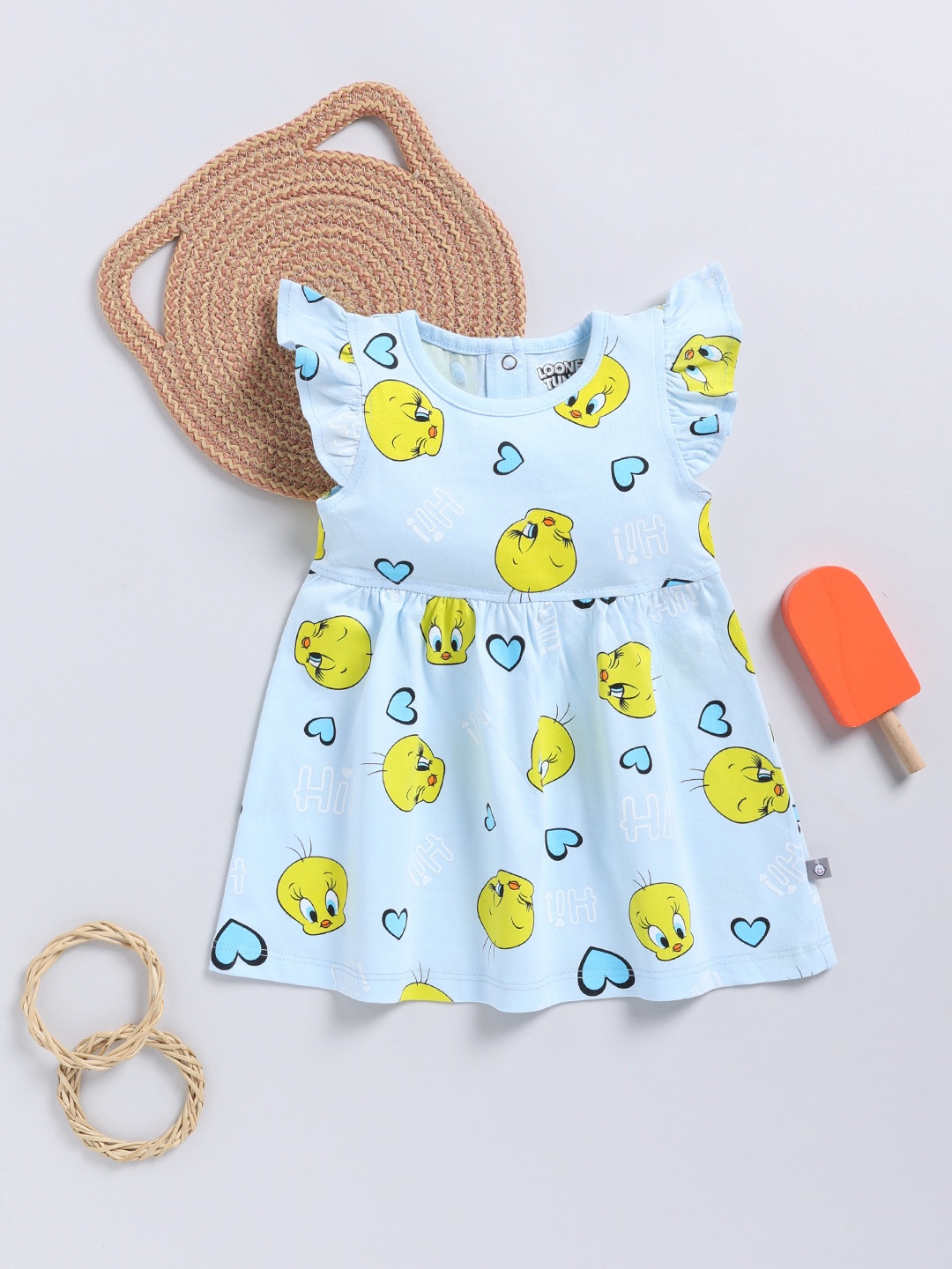 

YK X Tinyo Infant Girls Tweety Printed Flutter Sleeve Fit & Flare Dress, Blue