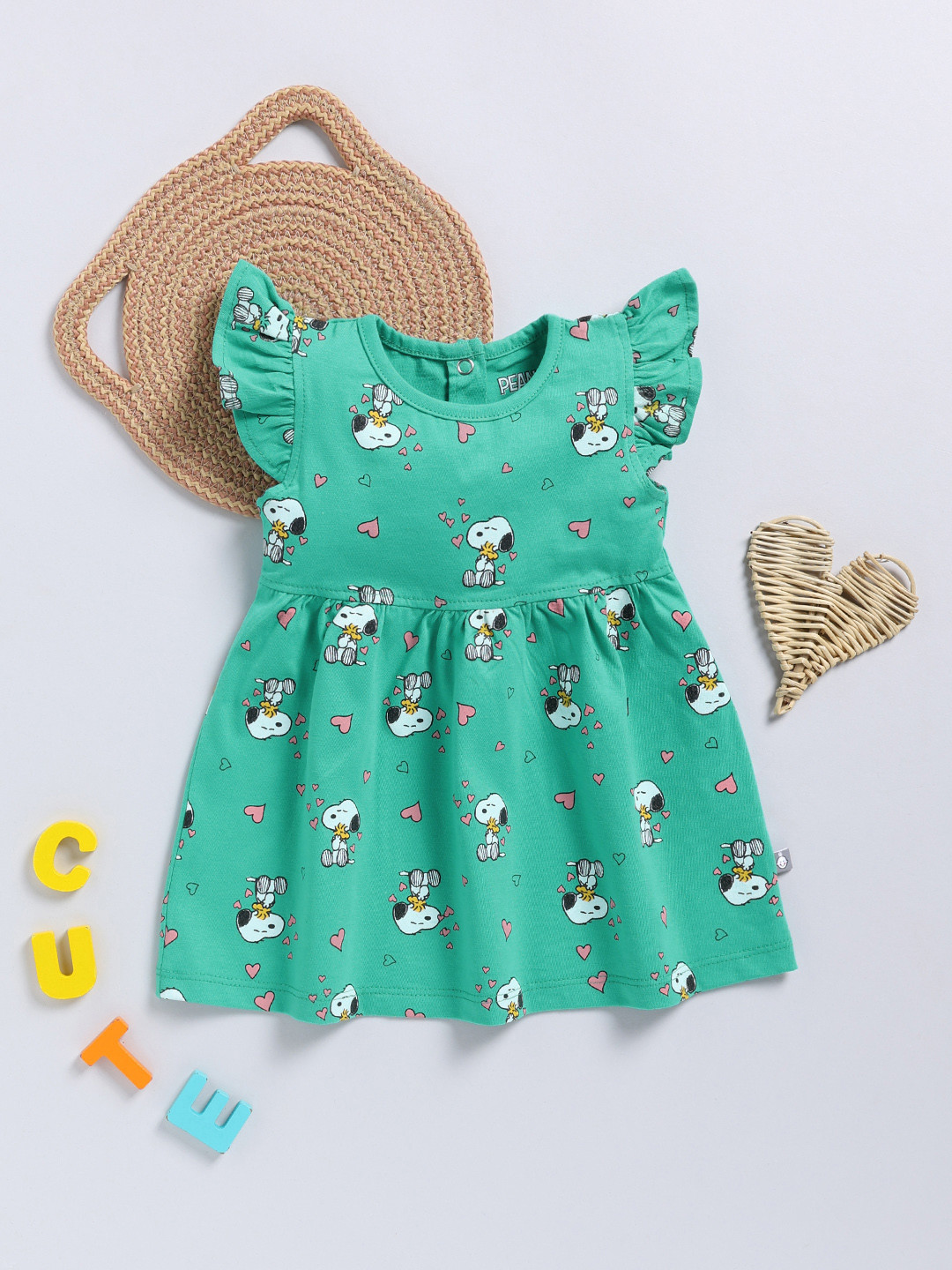 

YK X Tinyo Infant Girls Peanuts Printed Flutter Sleeve Fit & Flare Dress, Green