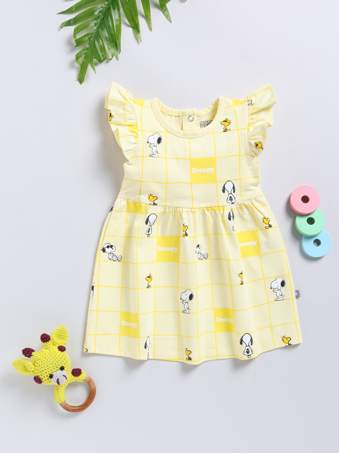 

YK X Tinyo Infant Girls Snoopy Printed Flutter Sleeve Fit & Flare Dress, Yellow