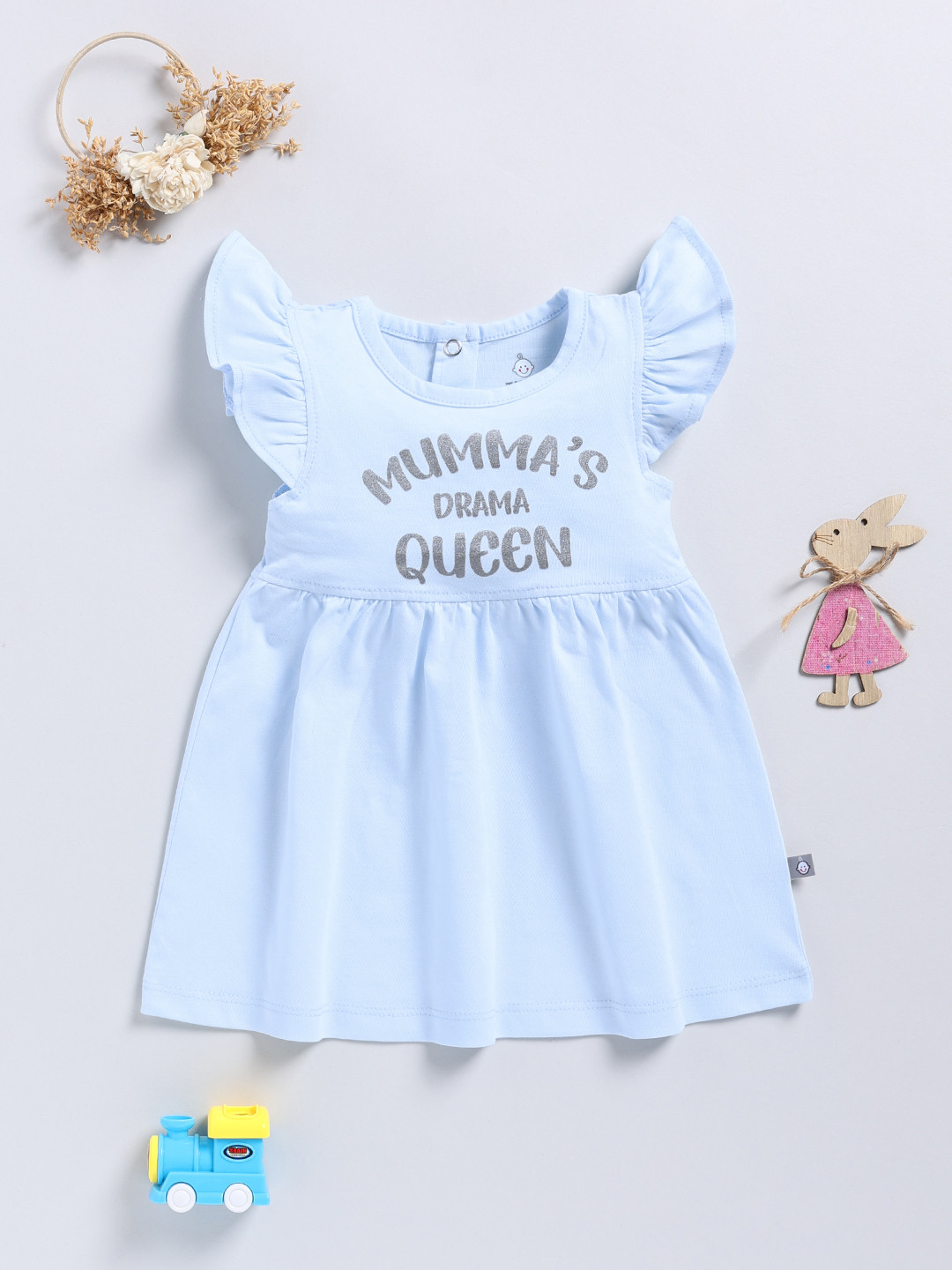 

YK X Tinyo Infant Girls Typography Printed Flutter Sleeve Fit & Flare Dress, Blue