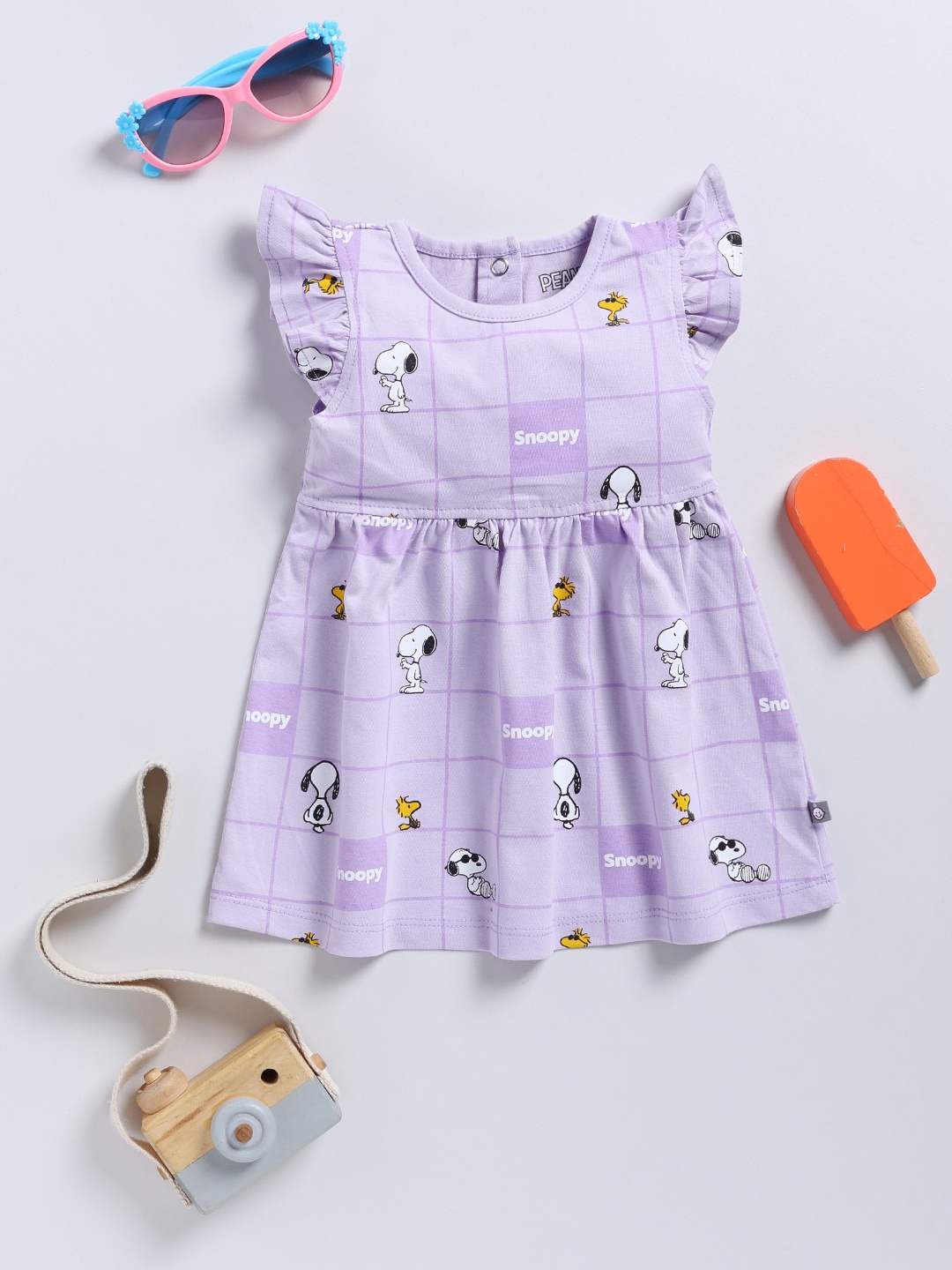 

YK X Tinyo Infant Girls Snoopy Printed Pure Cotton Fit & Flare Dress, Purple