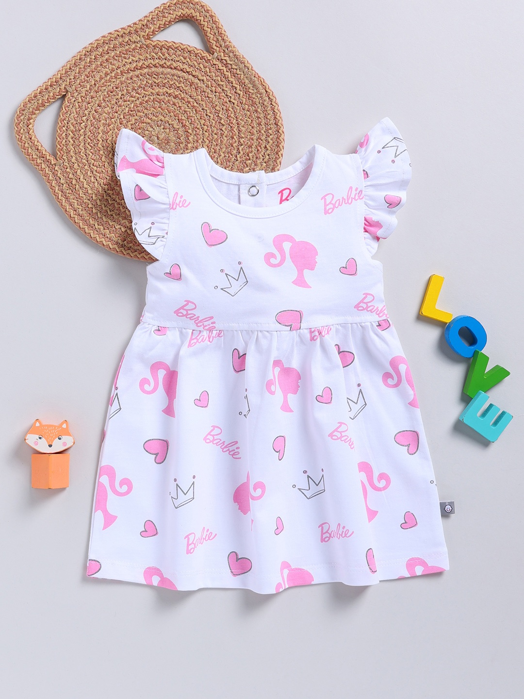 

YK X Tinyo Infant Girls Barbie Printed Flutter Sleeve Fit & Flare Dress, White