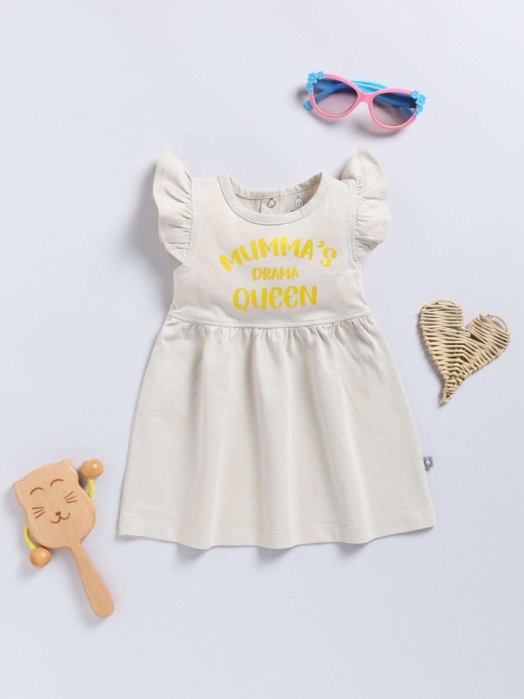

YK X Tinyo Infant Girls Typography Glitter Printed Pure Cotton Fit & Flare Dress, Beige