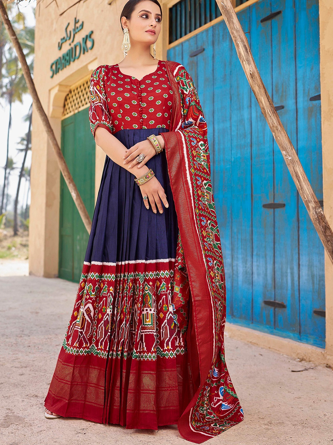 

CHANSI Embroidered Embellished Fit & Flared Ethnic Maxi Dress, Red
