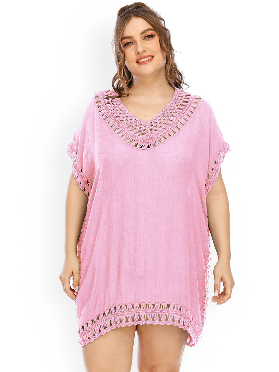 

LULU & SKY Plus Size V-Neck Swimwear Cover Up Top, Pink