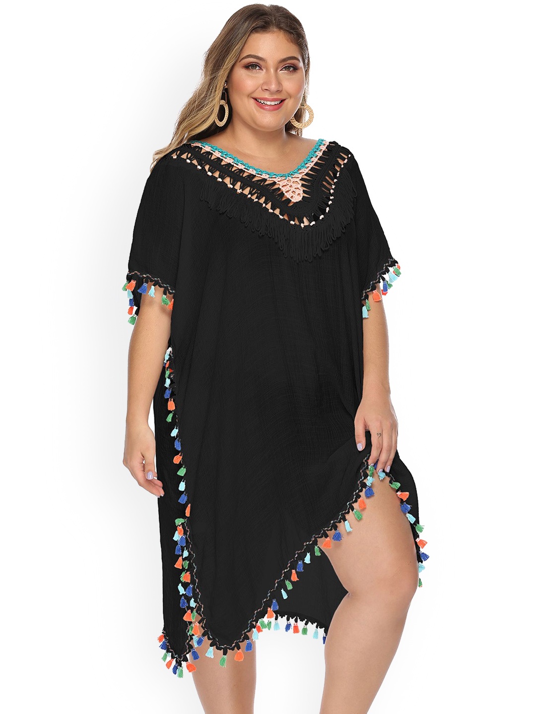 

LULU & SKY Tassel Plus Size Swimwear Cover Up Top, Black