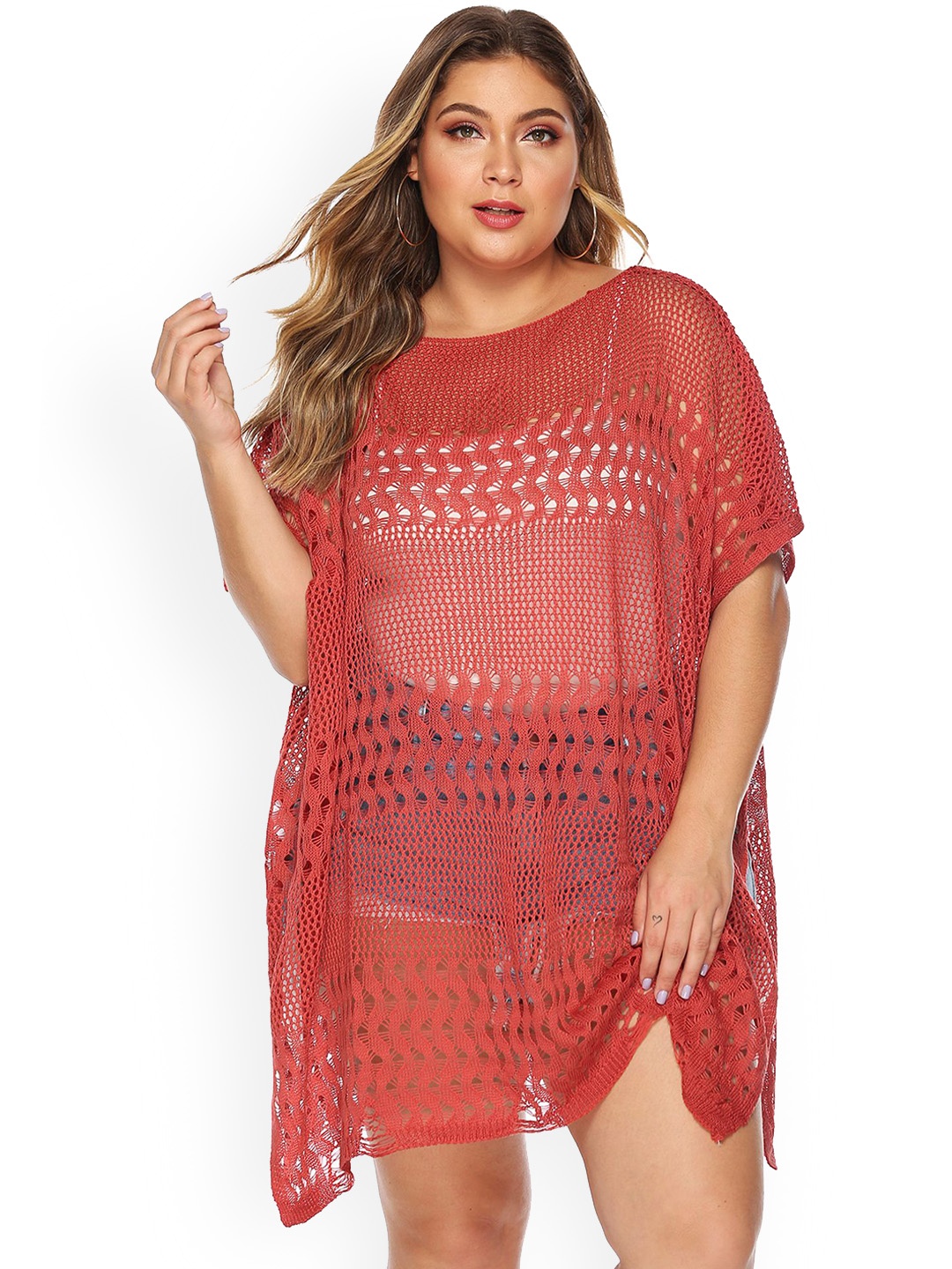 

LULU & SKY Self Design Swimwear Coverup Top, Red