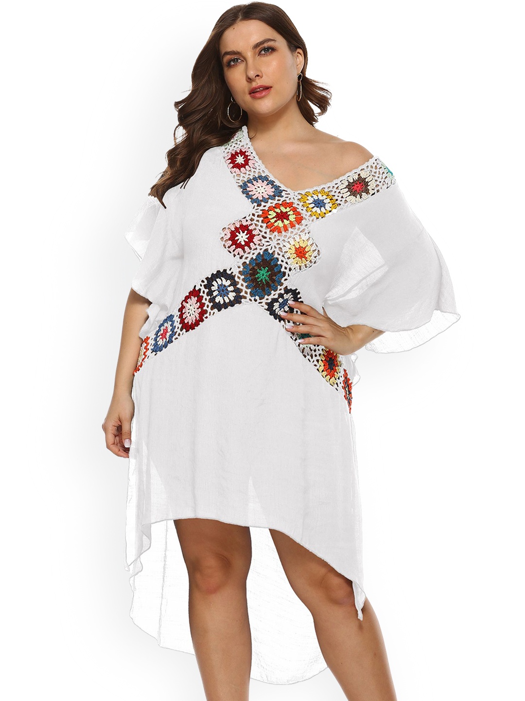 

LULU & SKY Embroidered Plus Size Knee-Length Swimwear Cover up Top, White