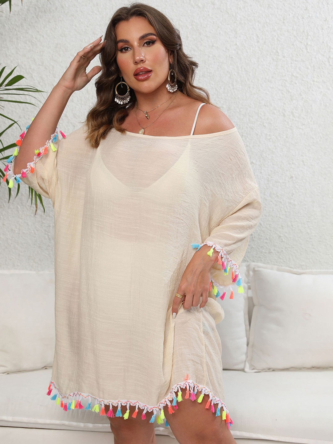 

LULU & SKY Tassel-Edge Detail Plus Size Cover-Up, Beige