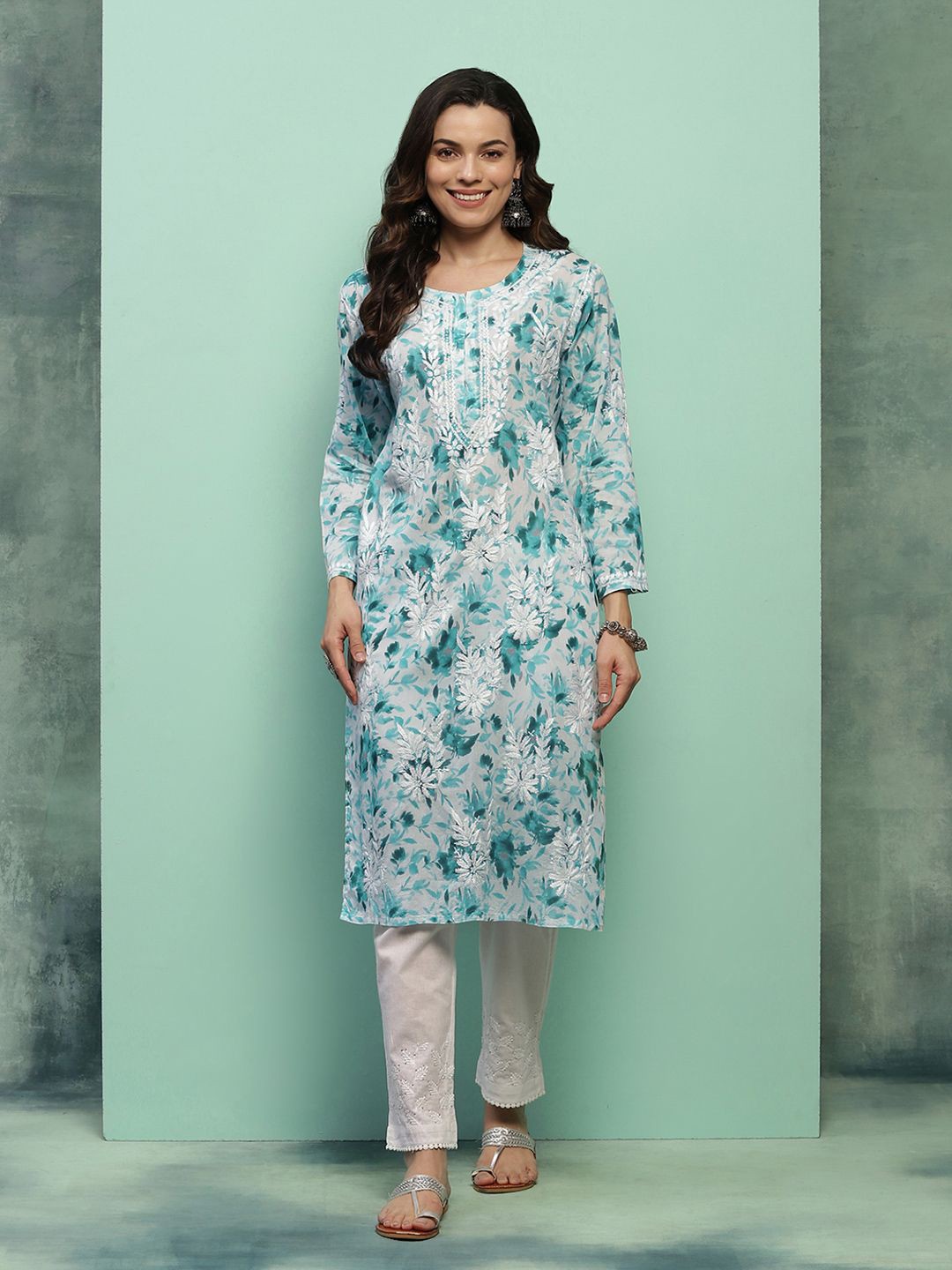 

House of Chikankari Chikankari Printed Kurta, Teal