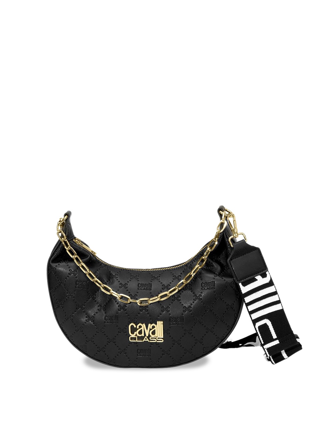 

Cavalli Class Printed Half Moon Sling Bag with Quilted, Black
