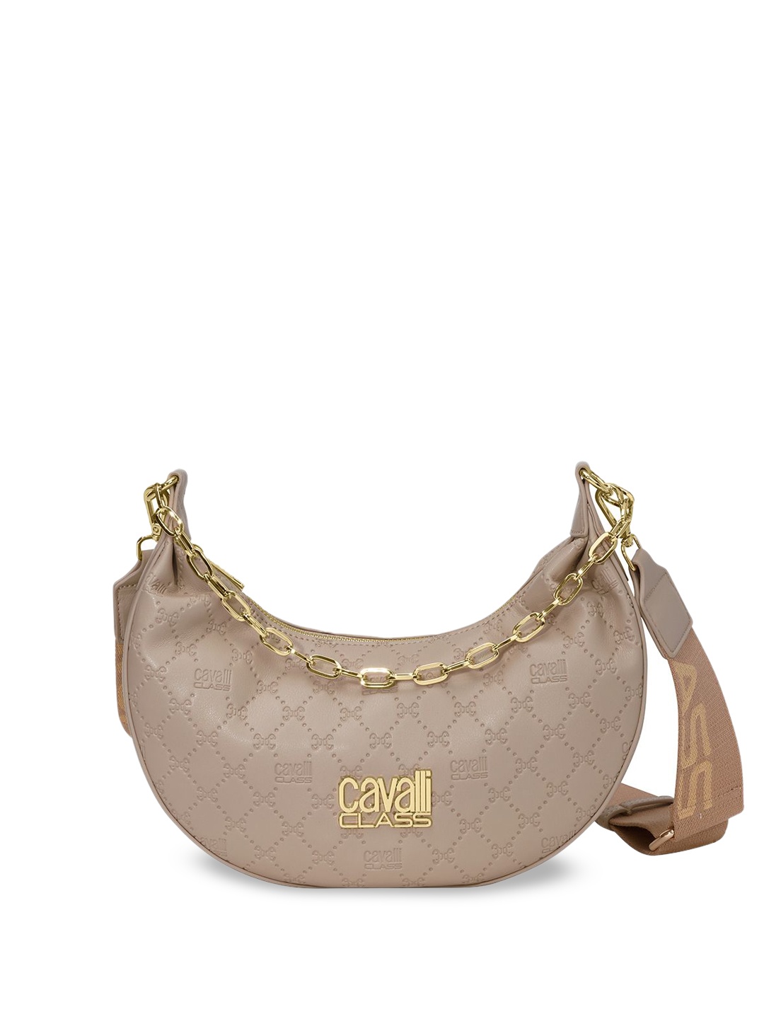 

Cavalli Class Textured Half Moon Sling Bag with Quilted, Beige