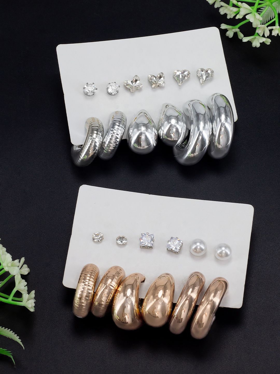 

PRIVIU Set Of 12 Rose Gold-Plated & Silver-Plated Stone Studded Studs & Hoop Earrings