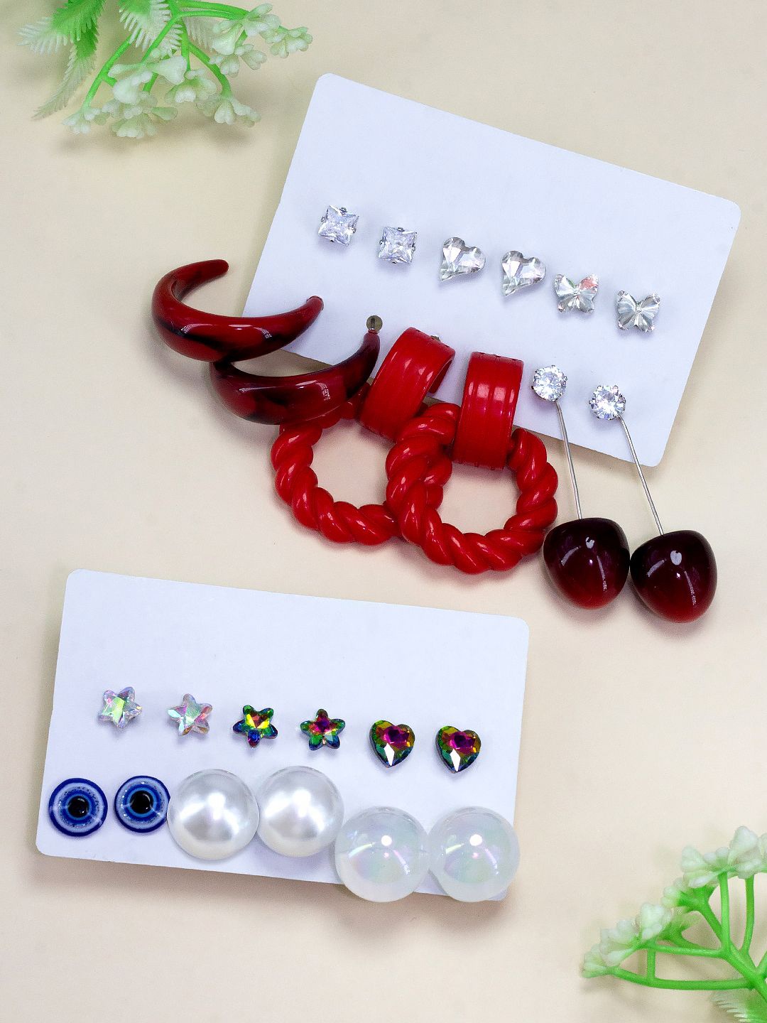 

PRIVIU Set Of 12 Stone Studded & Beaded Quirky Studs & Hoop Earrings, White