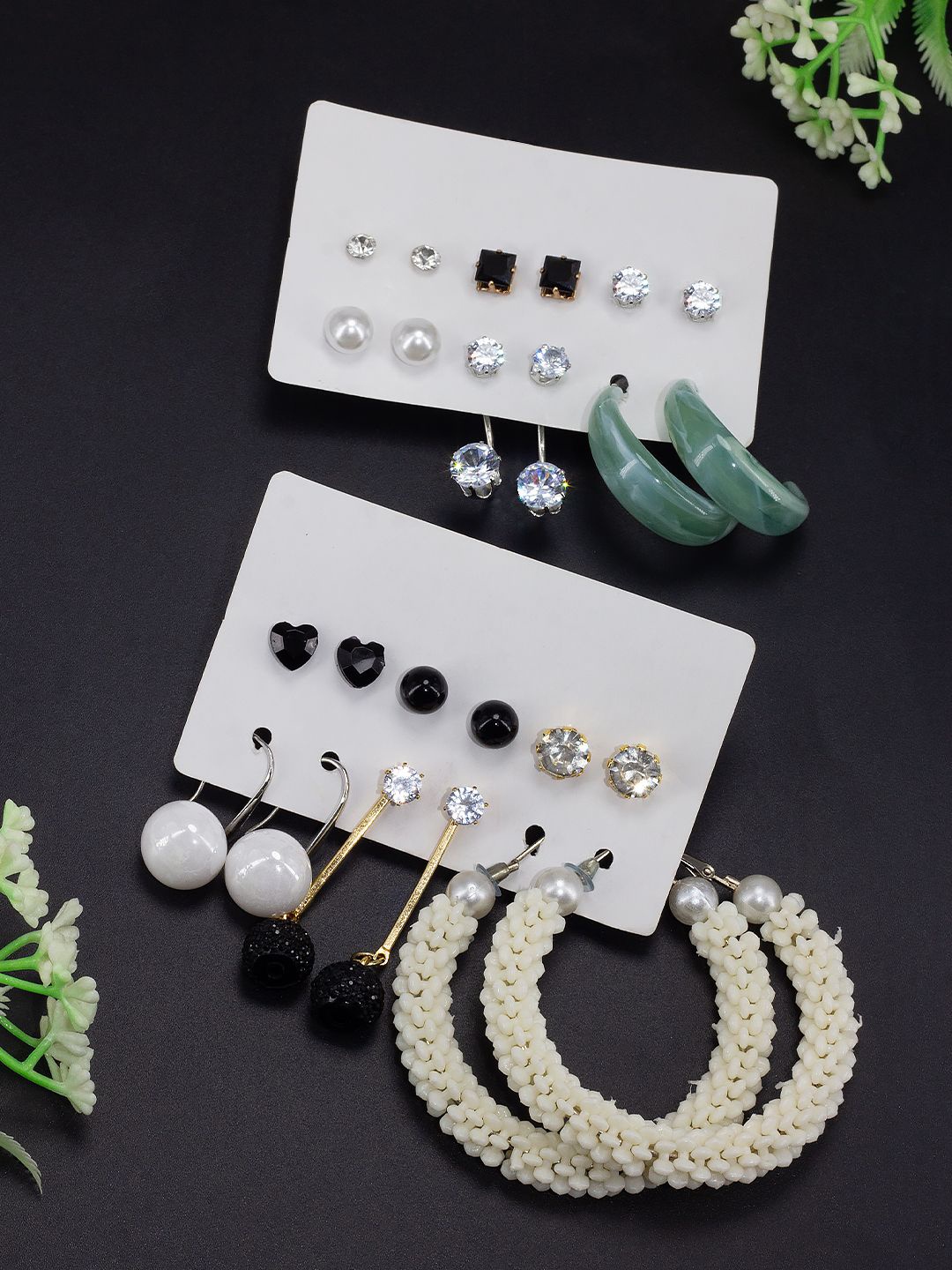 

PRIVIU Set Of 12 Stone Studded & Beaded Quirky Studs & Hoop Earrings, White