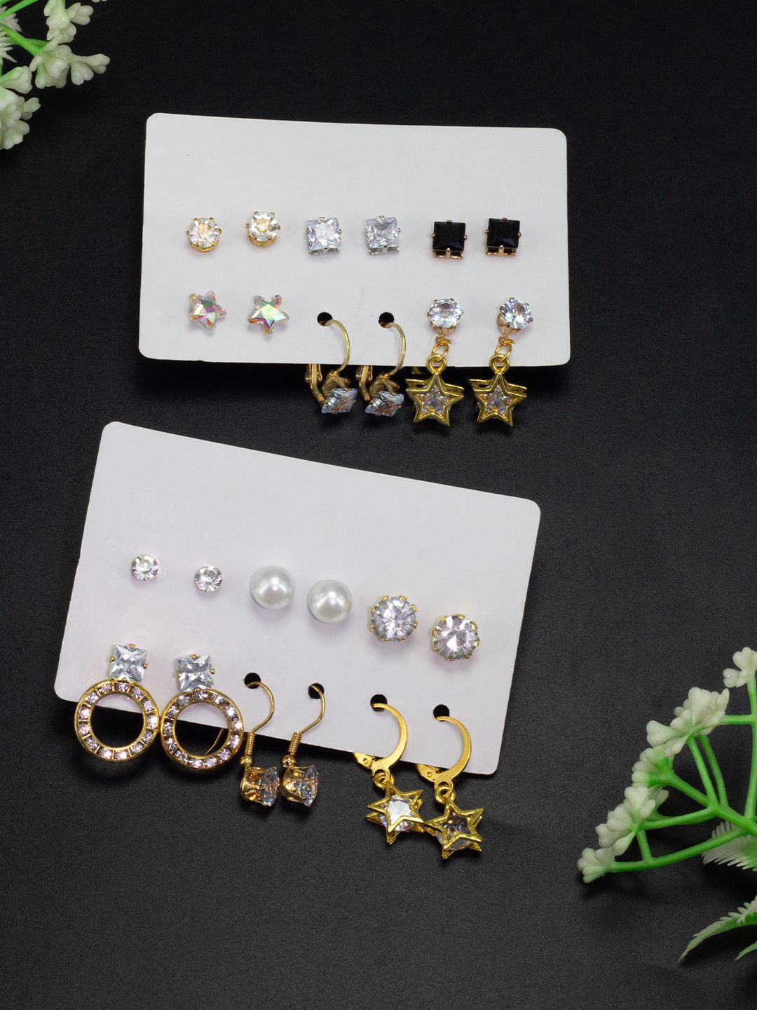 

PRIVIU Set Of 12 Stone Studded & Beaded Quirky Studs Earrings, Gold