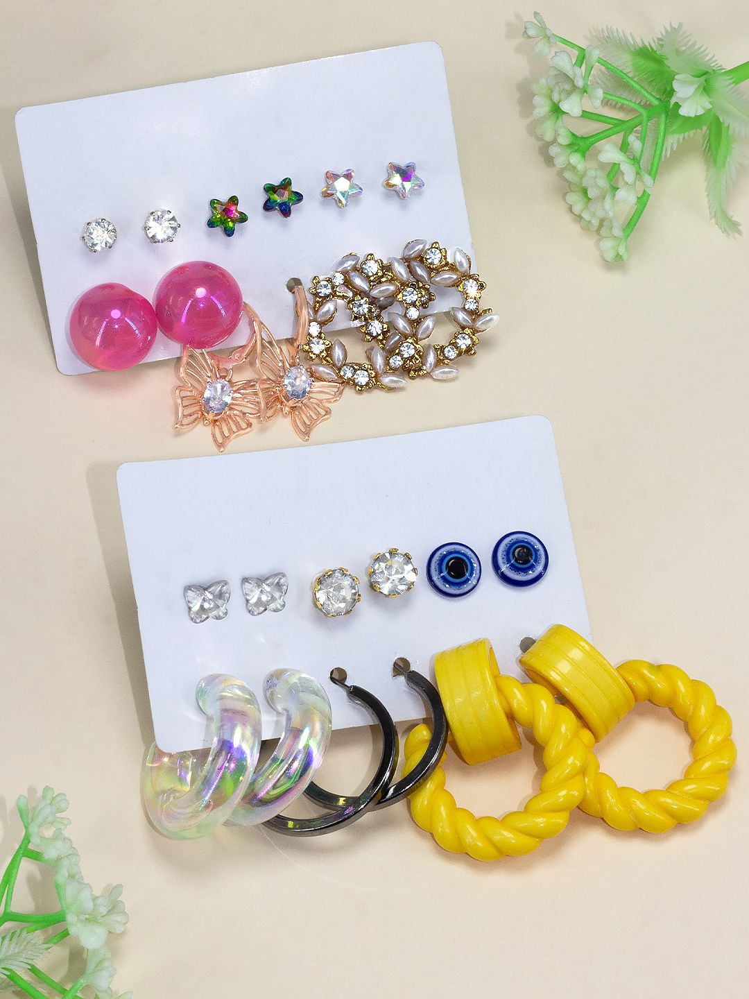 

PRIVIU Set Of 12 Stone Studded & Beaded Quirky Studs Earrings, White