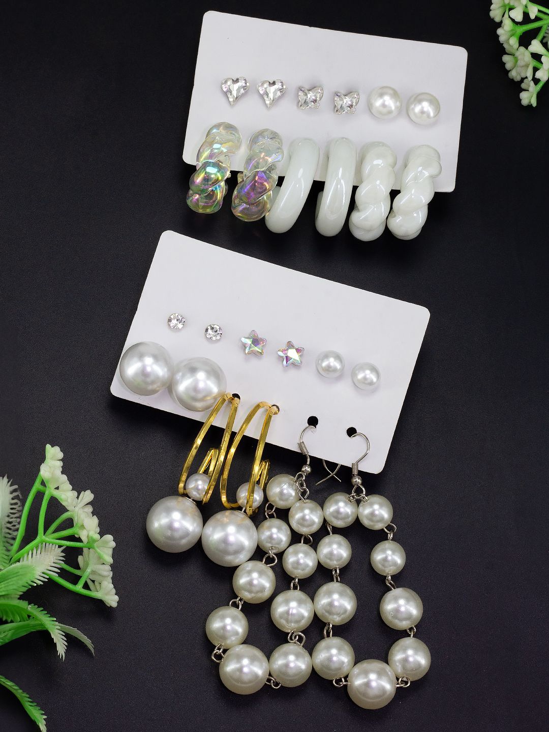 

PRIVIU Set Of 12 Stone Studded & Beaded Quirky Hoop & Drop Earrings, White
