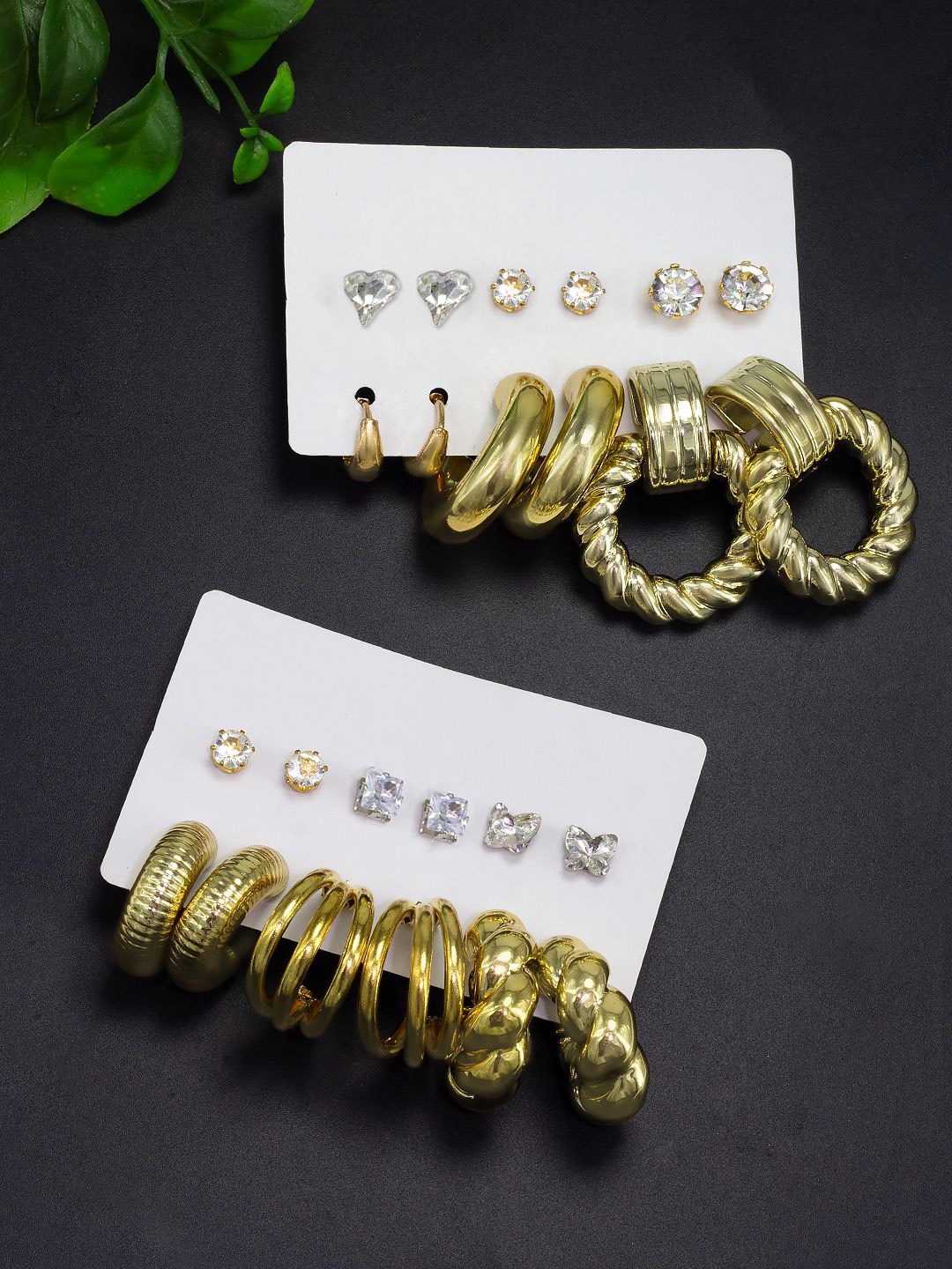 

PRIVIU Set Of 12 Stone Studded Quirky Studs & Hoop Earrings, Gold