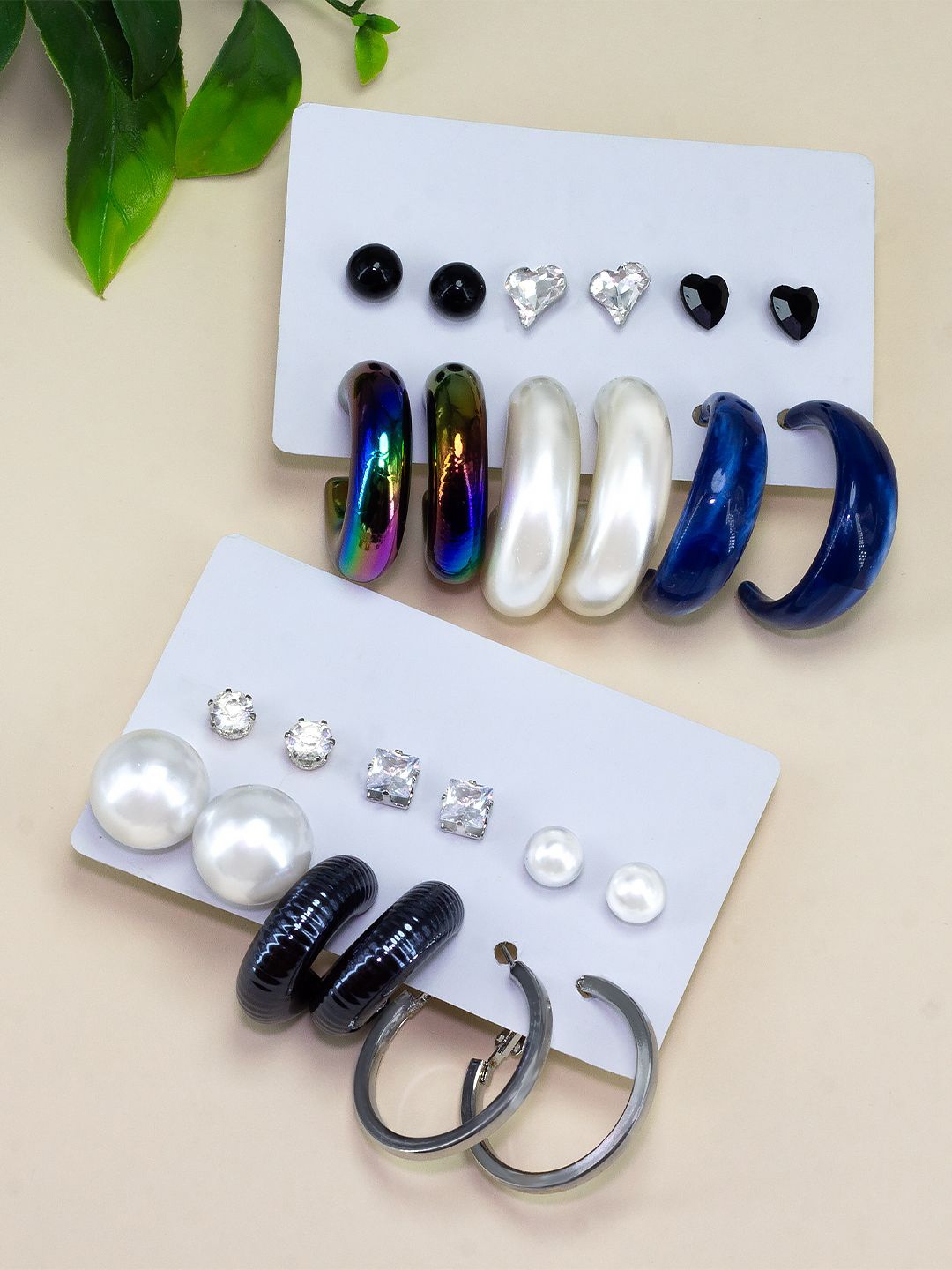

PRIVIU Set Of 12 Stone Studded & Beaded Quirky Studs Earrings, White